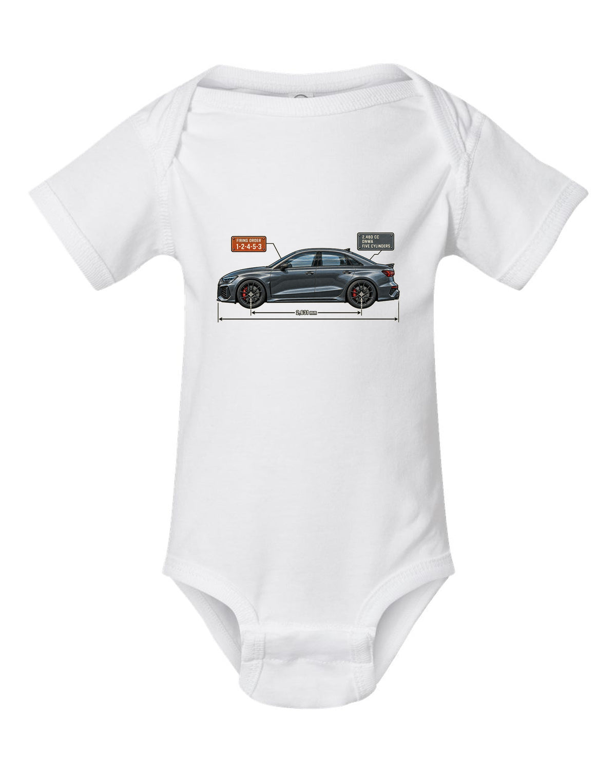 Blueprint of the Audi RS3 8Y sedan with 1-2-4-5-3 firing order white baby onesie front view with the design