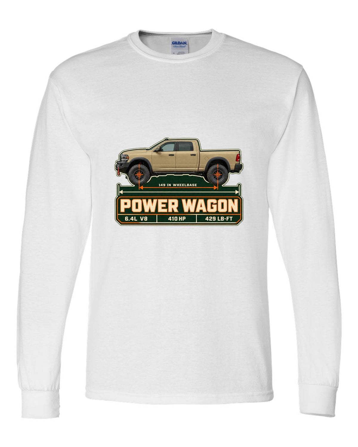 Ram 2500 Power Wagon dimension blueprint plate print with 149 inch wheelbase white long sleeve front view with the design