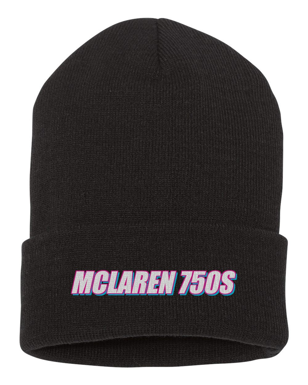 Mclaren 750S black beanie front view with car name