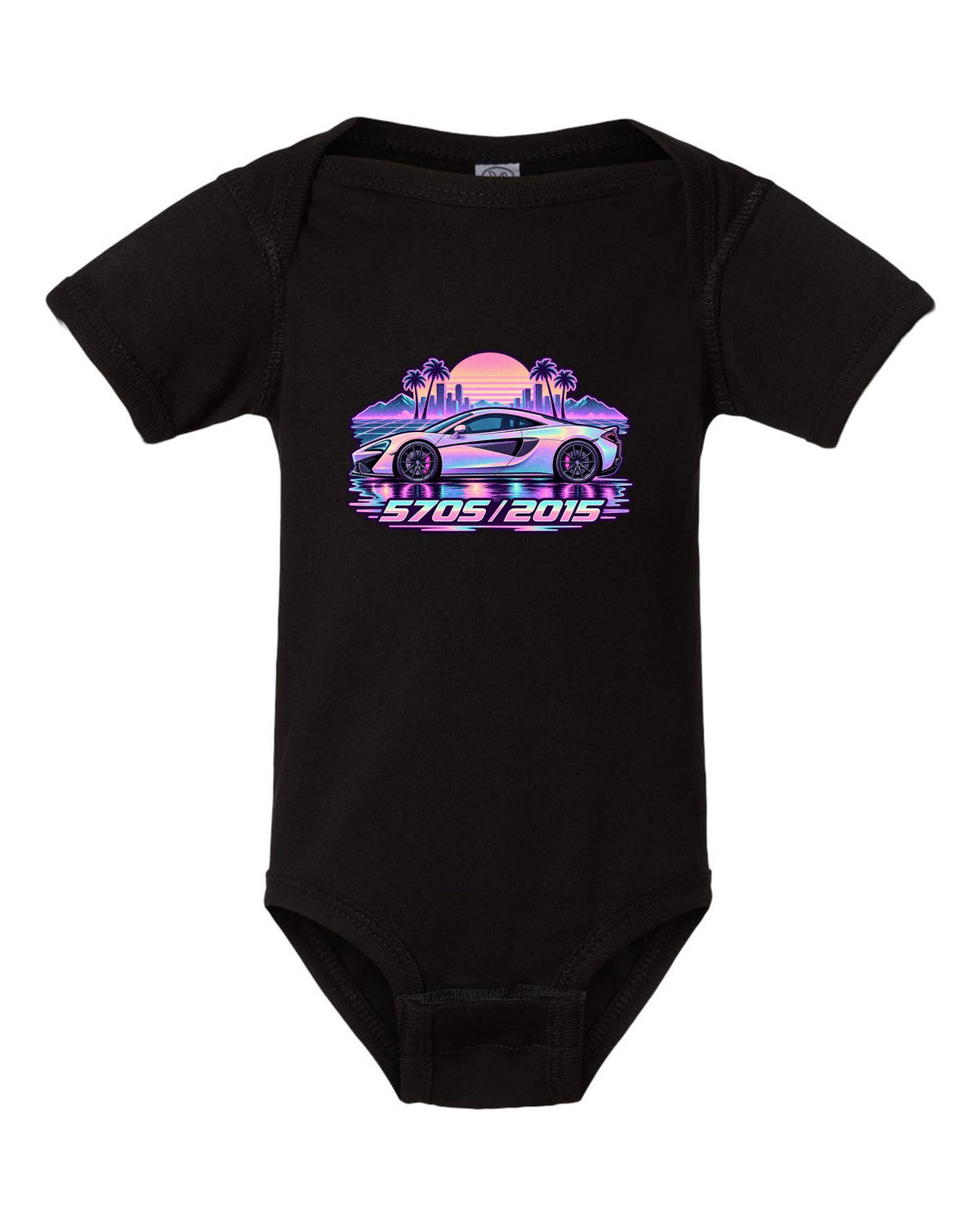 McLaren 570S vaporwave pastel rain print with 570S 2015 lettering black baby onesie front view with the design