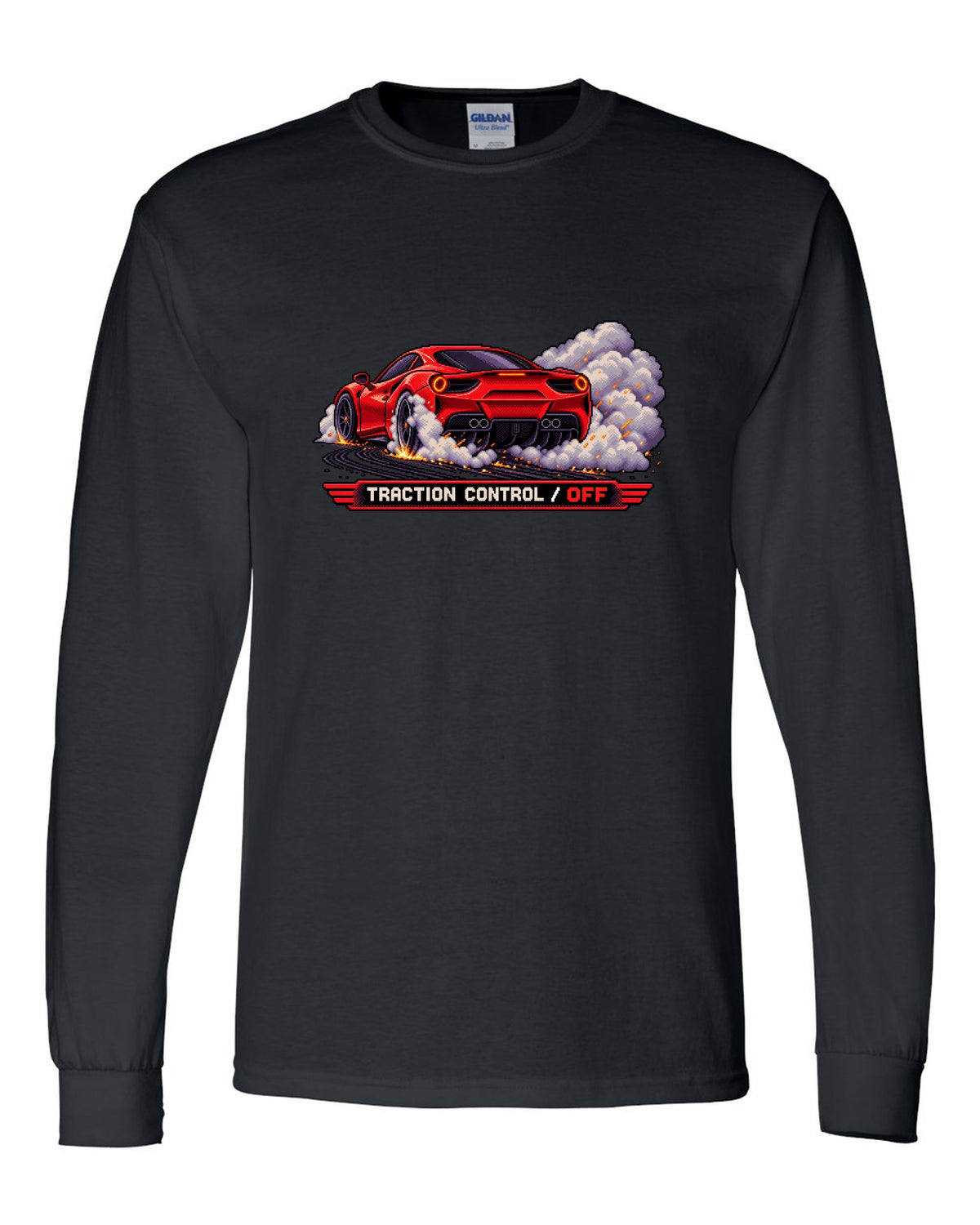 Pixel art Ferrari 488 GTB burnout with traction control off text black long sleeve front view with the design
