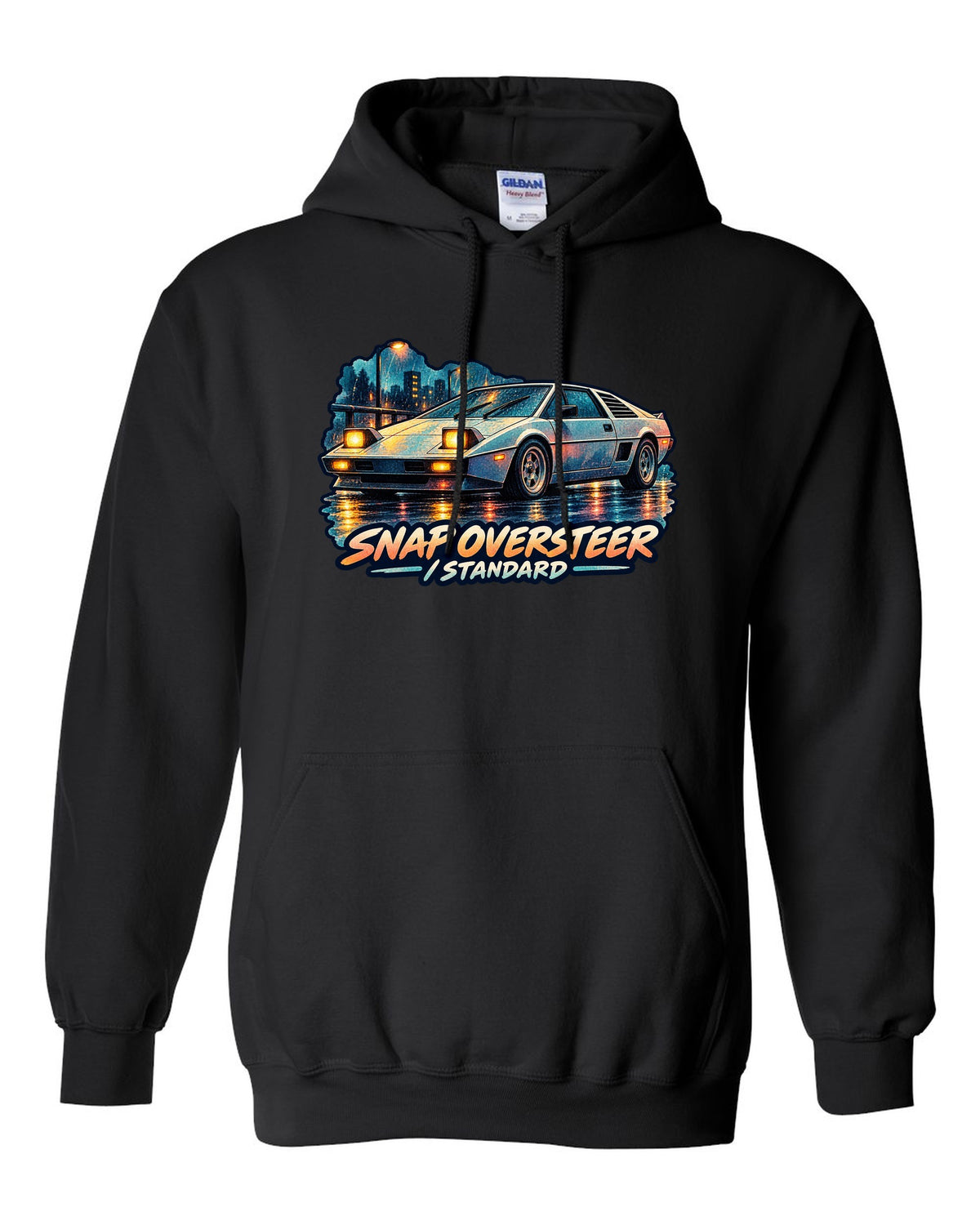 Watercolour wash of a Toyota MR2 AW11 driving in rain with oversteer slogan black pull over hoodie front view with the design