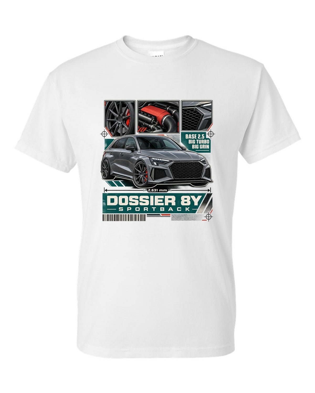 Three-panel dossier of an Audi RS3 8Y Sportback pre-facelift white t-shirt front view with the design