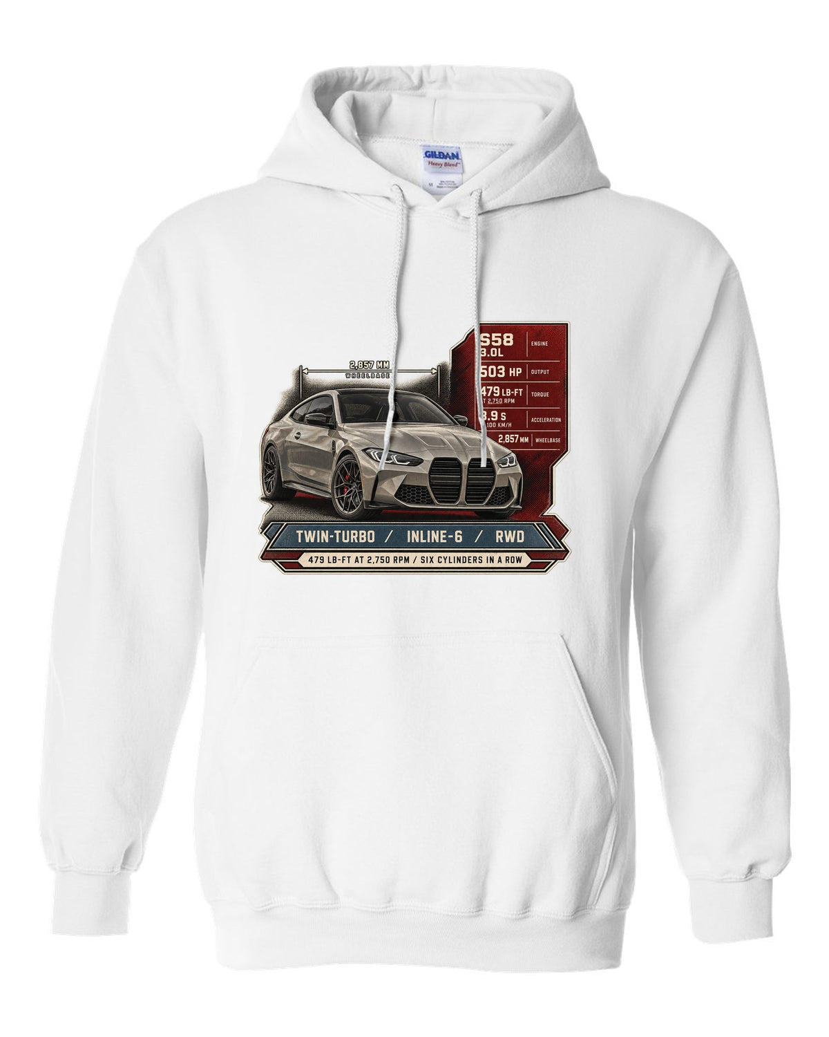 BMW M4 Competition G82 spec poster print with 479 lb-ft and six cylinders in a row white pull over hoodie front view with the design