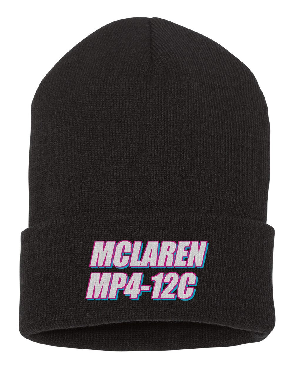 Mclaren Mp4-12C black beanie front view with car name