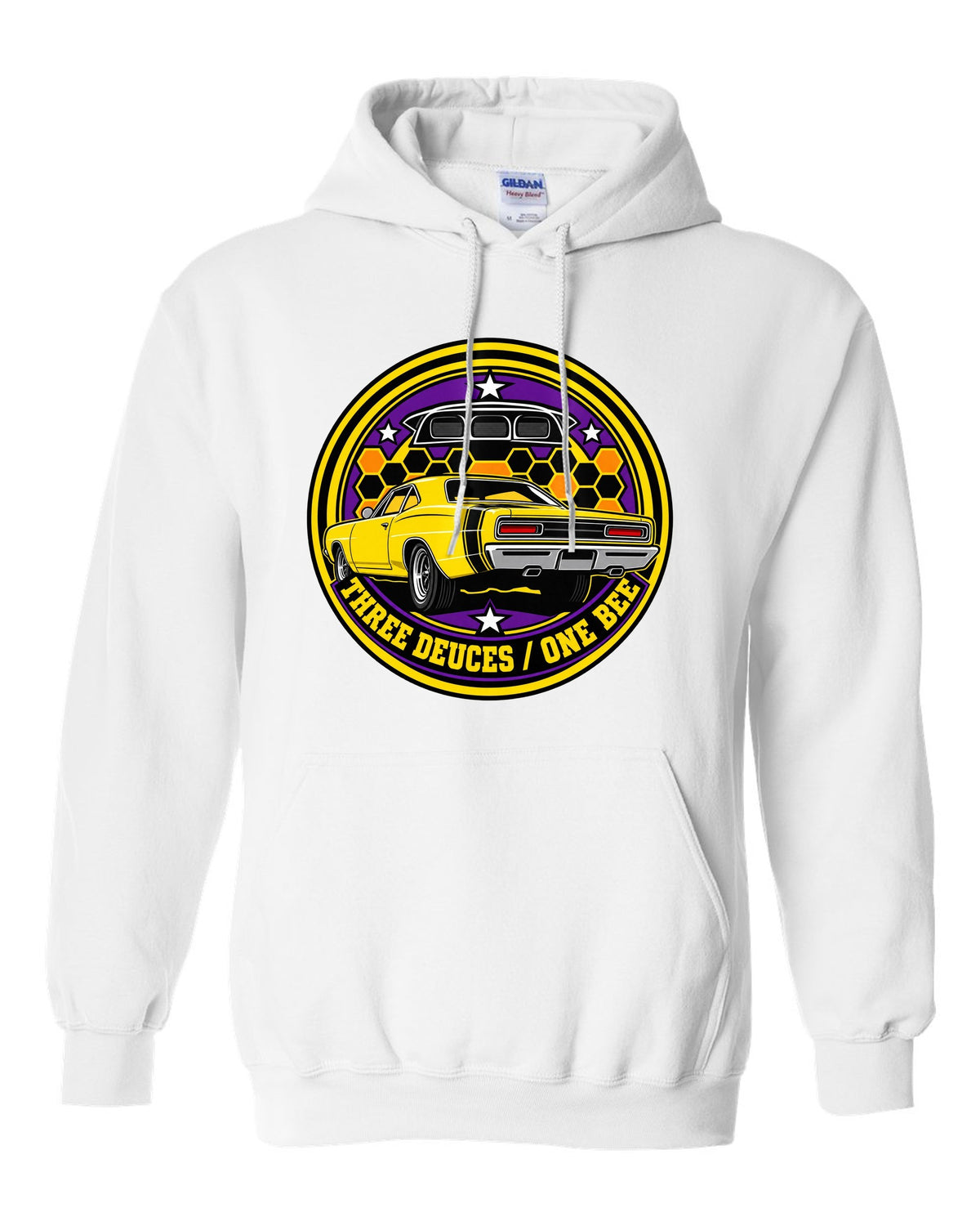 Round crest design for the 1969 Dodge Coronet Super Bee reading three deuces one bee white pull over hoodie front view with the design