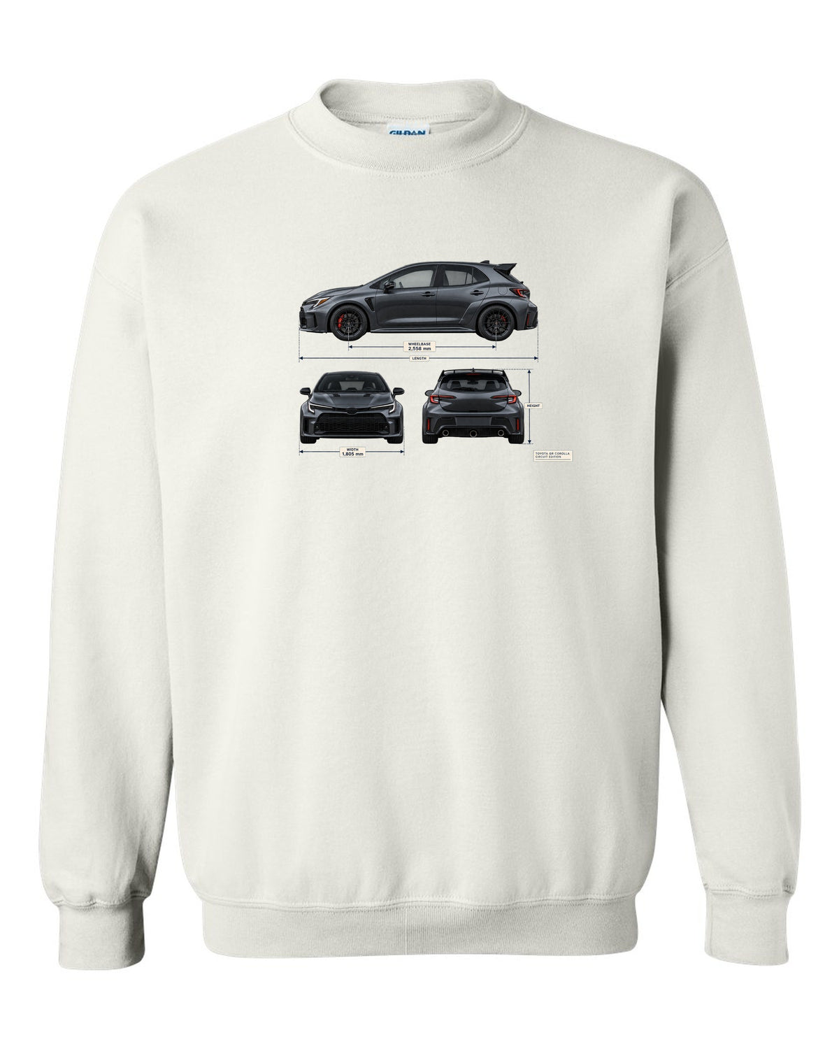 Toyota GR Corolla Core chback in Heavy Metal grey-blue with editorial headline text white crewneck front view with the design
