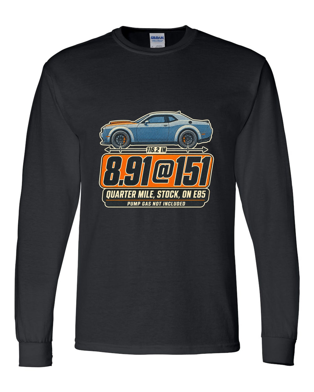 Dodge Challenger SRT Demon 170 halftone print with quarter mile time on E85 black long sleeve front view with the design