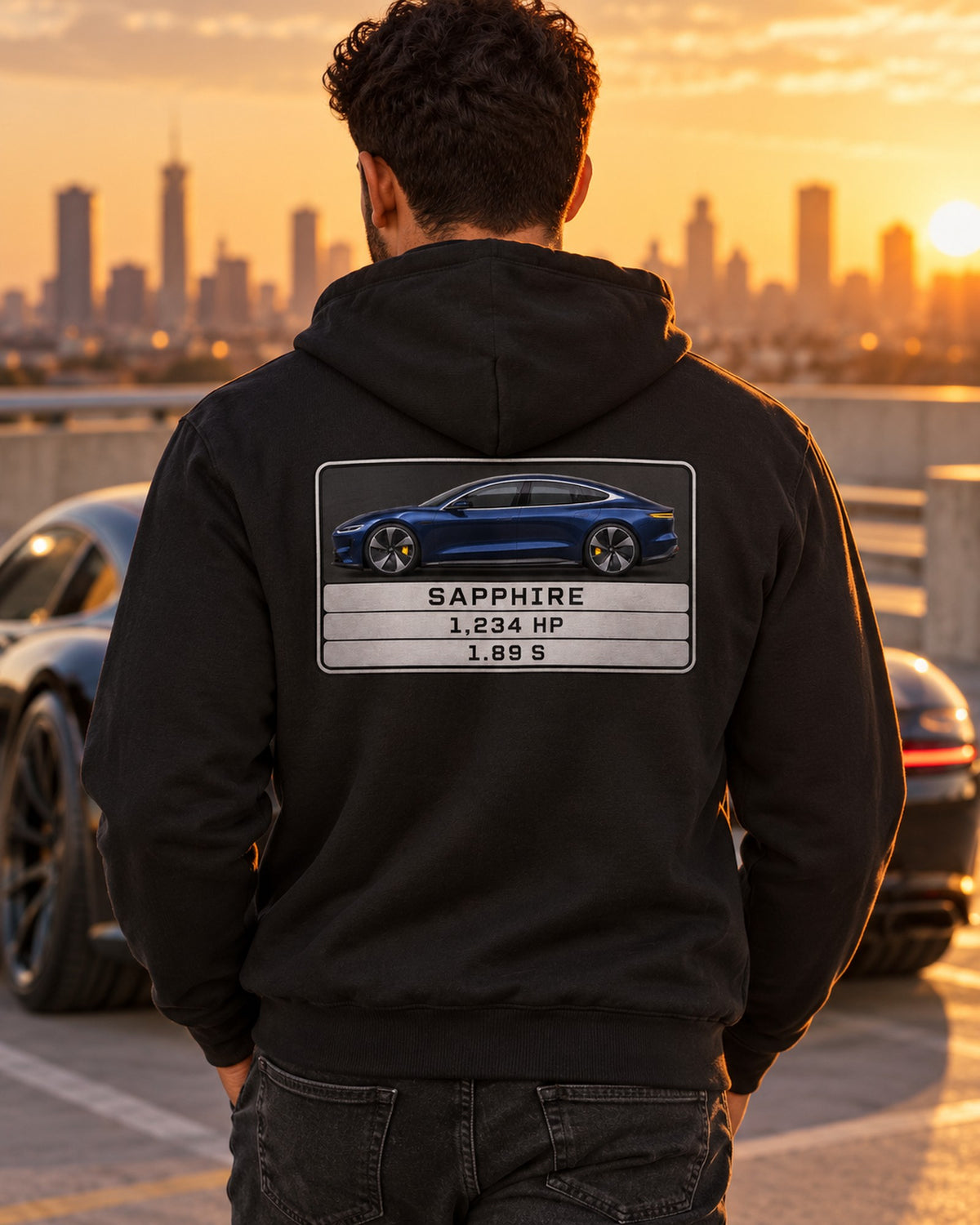 Lucid Air Sapphire Spec Plate Shirt, Monospace Data Print Zip Hoodie Black worn hero