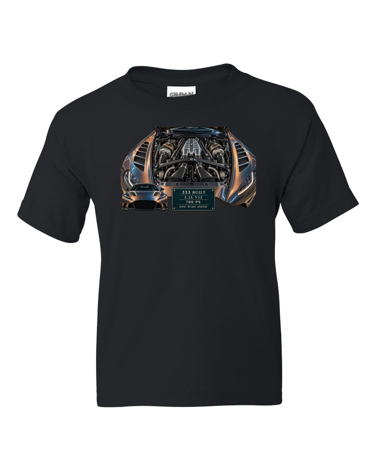 Aston Martin V12 Vantage 2022 engine hero print with 333 built 5.2L V12 700 PS text black kids tee front view with the design