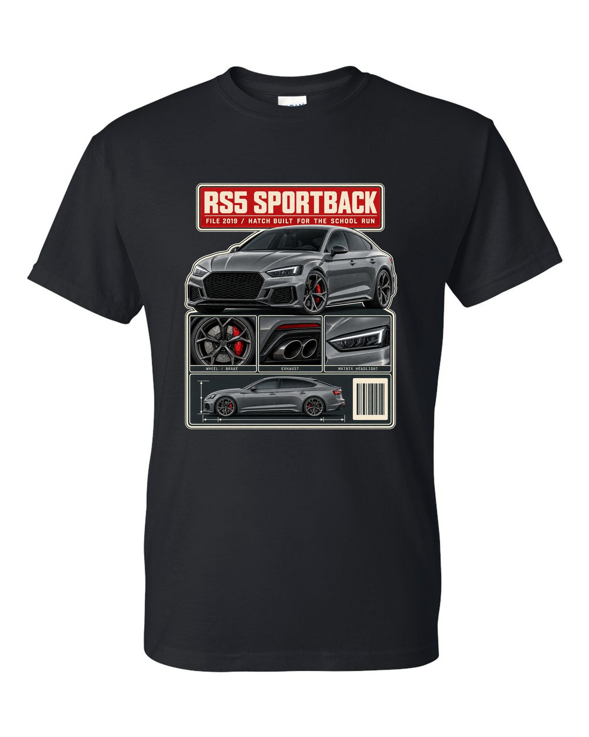 Audi RS5 Sportback B9 dossier panel print design black t-shirt front view with the design