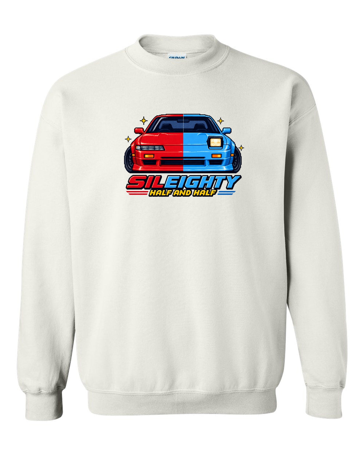 16-bit pixel art print of a Nissan Sileighty 180SX and Silvia S13 hybrid with Half and Half lettering white crewneck front view with the design