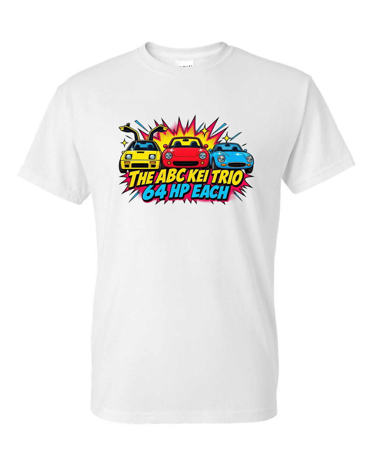 Comic halftone pop-art of the Autozam AZ-1, Honda Beat and Suzuki Cappuccino with 64 hp each white t-shirt front view with the design