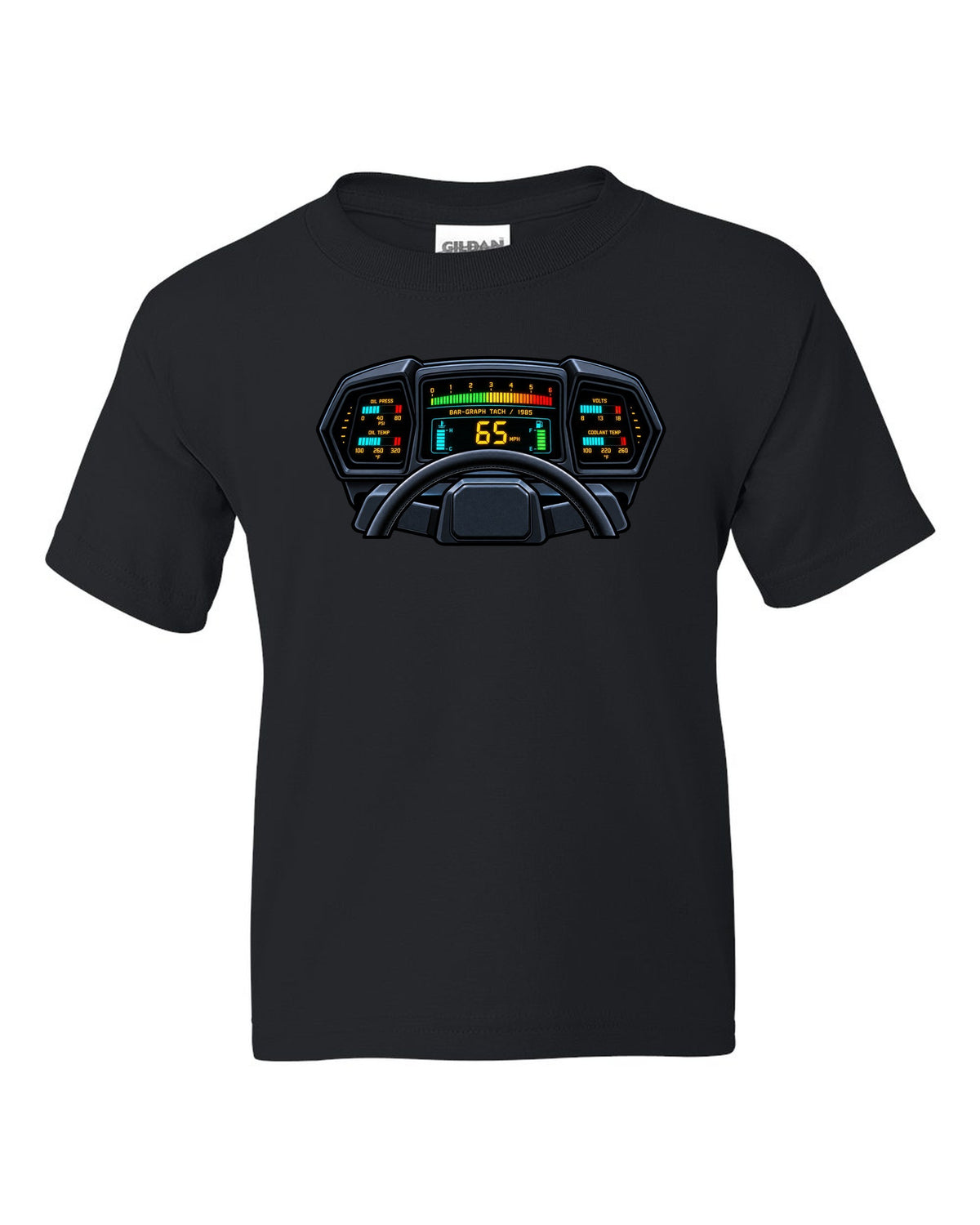 Gauge cluster HUD style print of a 1985 Chevrolet Corvette C4 digital dash with bar-graph tach black kids tee front view with the design