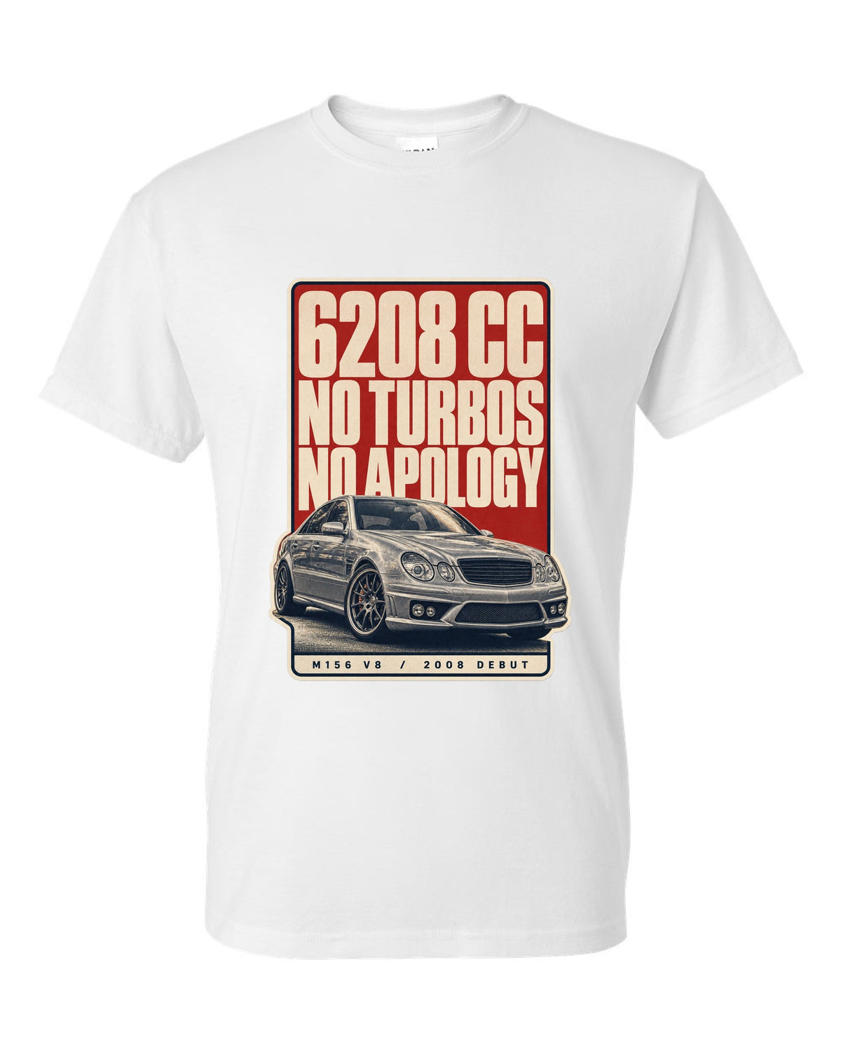 Mercedes-AMG C63 W204 sedan with editorial headline in silver-grey white t-shirt front view with the design