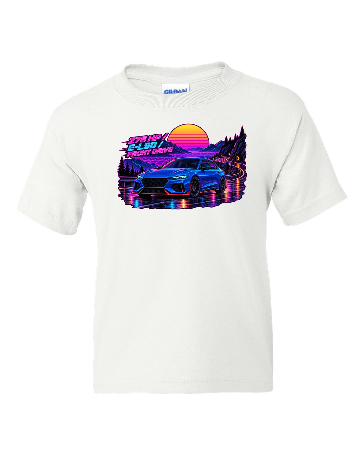 Hyundai Elantra N CN7 synthwave wet road print with 276 HP and E-LSD text white kids tee front view with the design