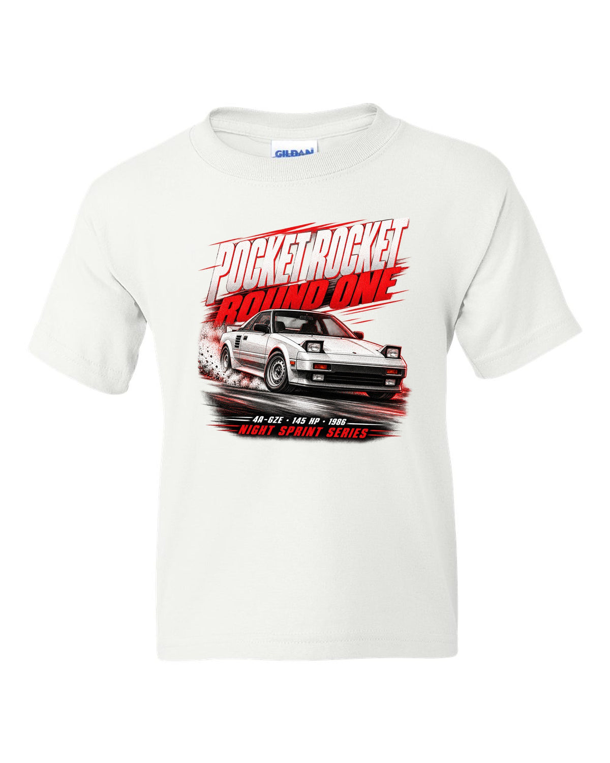 Race poster print of a supercharged Toyota MR2 AW11 with the text Pocket Rocket Round One 4A-GZE white kids tee front view with the design