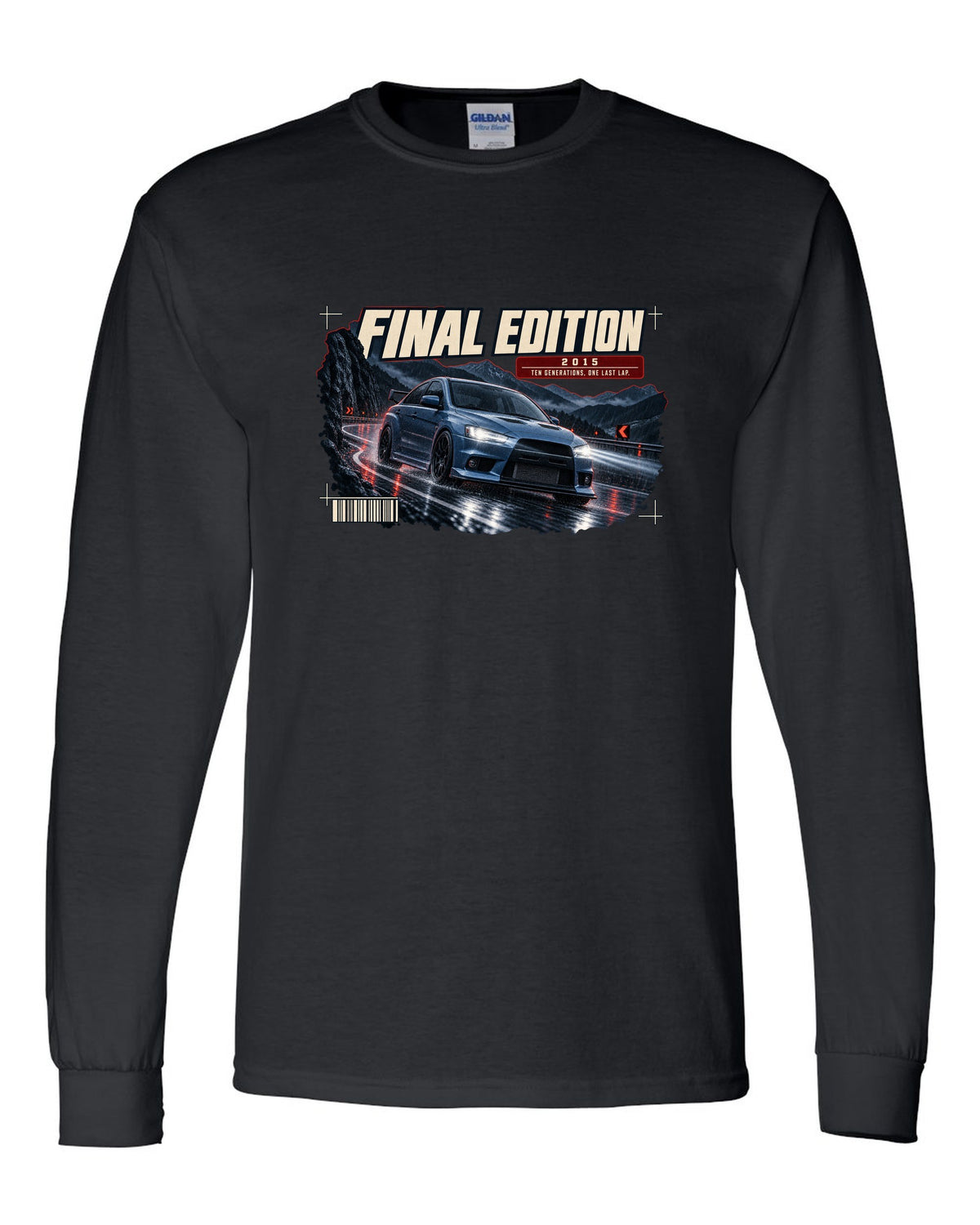 Mitsubishi Lancer Evolution X Final Edition low front three-quarter at night print black long sleeve front view with the design