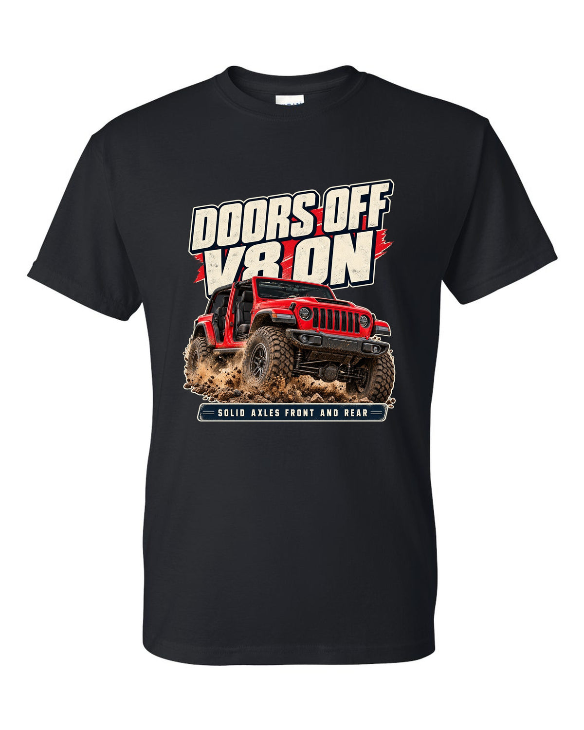 Editorial headline print for the Jeep Rubicon 392 about doors off and a V8 black t-shirt front view with the design
