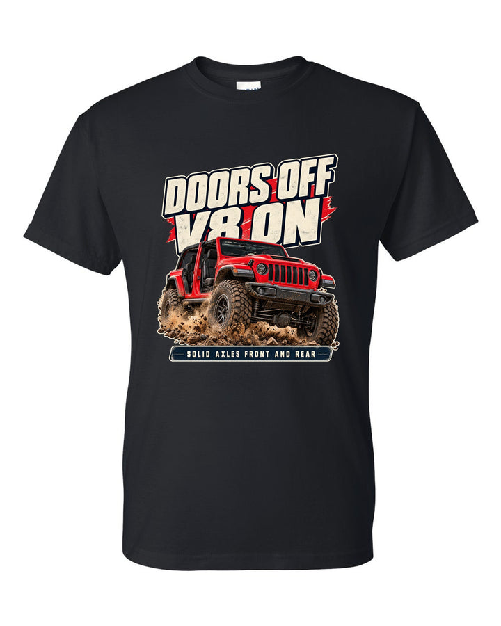 Editorial headline print for the Jeep Rubicon 392 about doors off and a V8 black t-shirt front view with the design