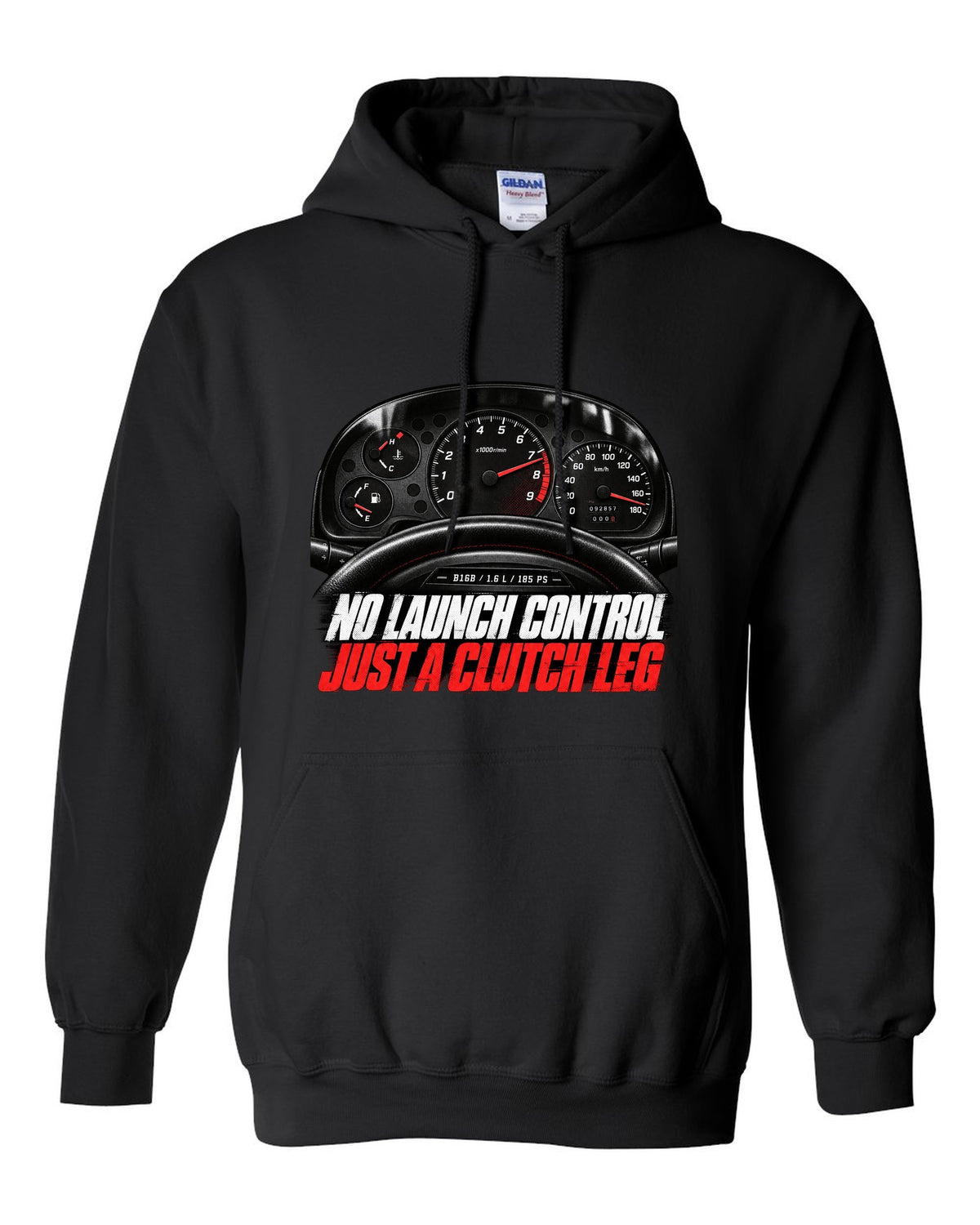 Cockpit gauge print of a 1997 Honda Civic EK9 chback with clutch leg text black pull over hoodie front view with the design