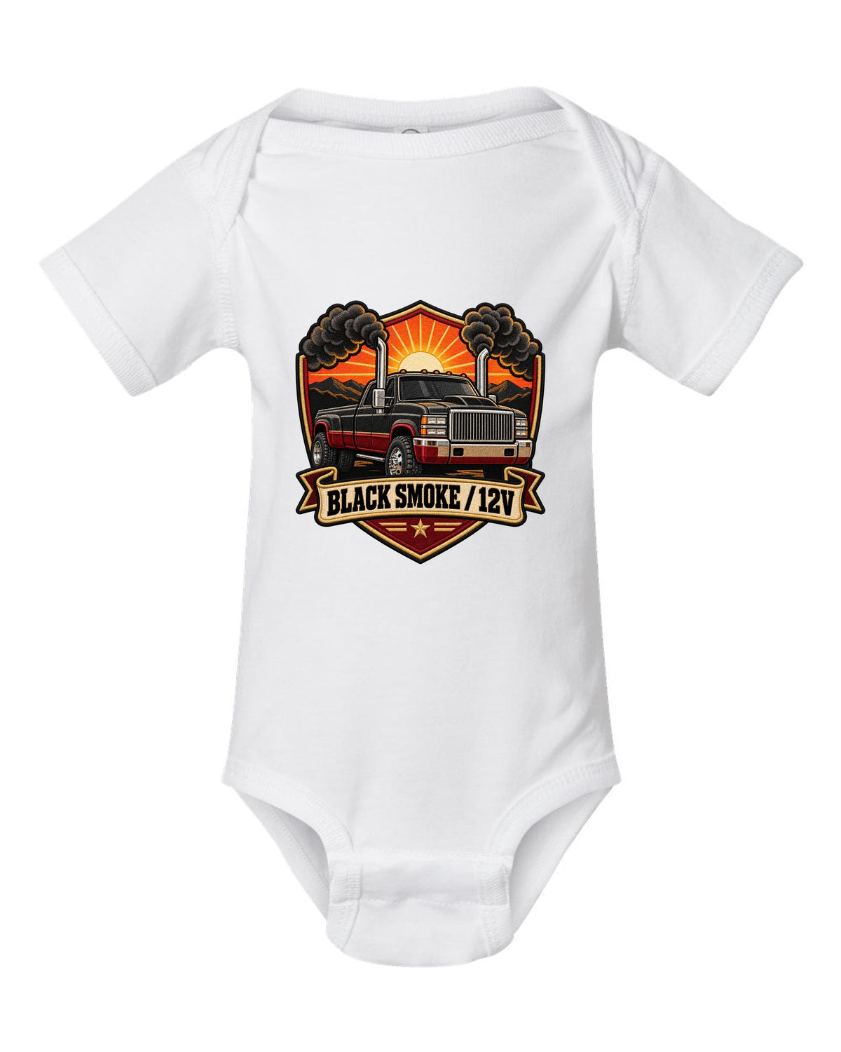 Varsity crest print of a 1994-1998 Dodge Ram 2nd gen with twin chrome smoke stacks and 12V text white baby onesie front view with the design