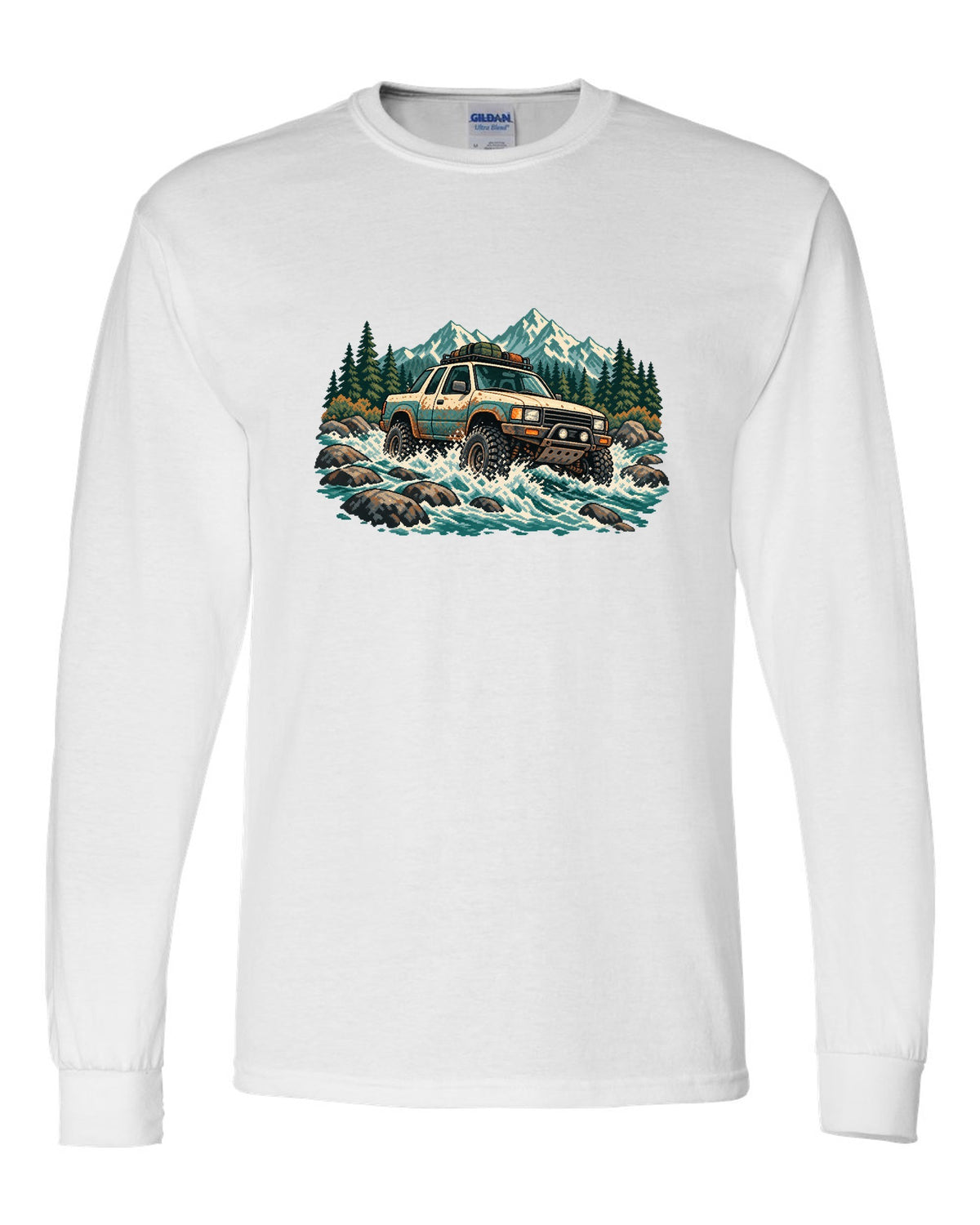 16-bit pixel art of a 2021 Ford F-150 Raptor Gen 3 P702 crossing a river with 5-LINK REAR lettering white long sleeve front view with the design