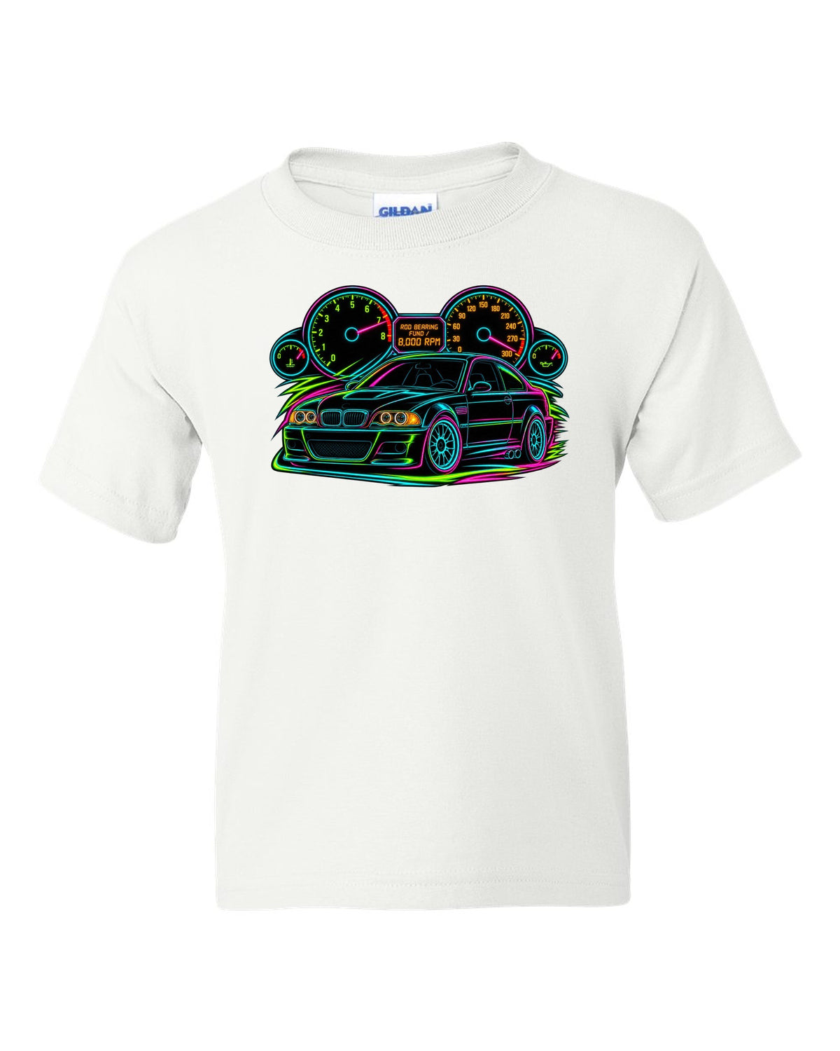 Neon line art redline gauge of a BMW E46 M3 coupe with 8,000 RPM and rod bearing fund text white kids tee front view with the design