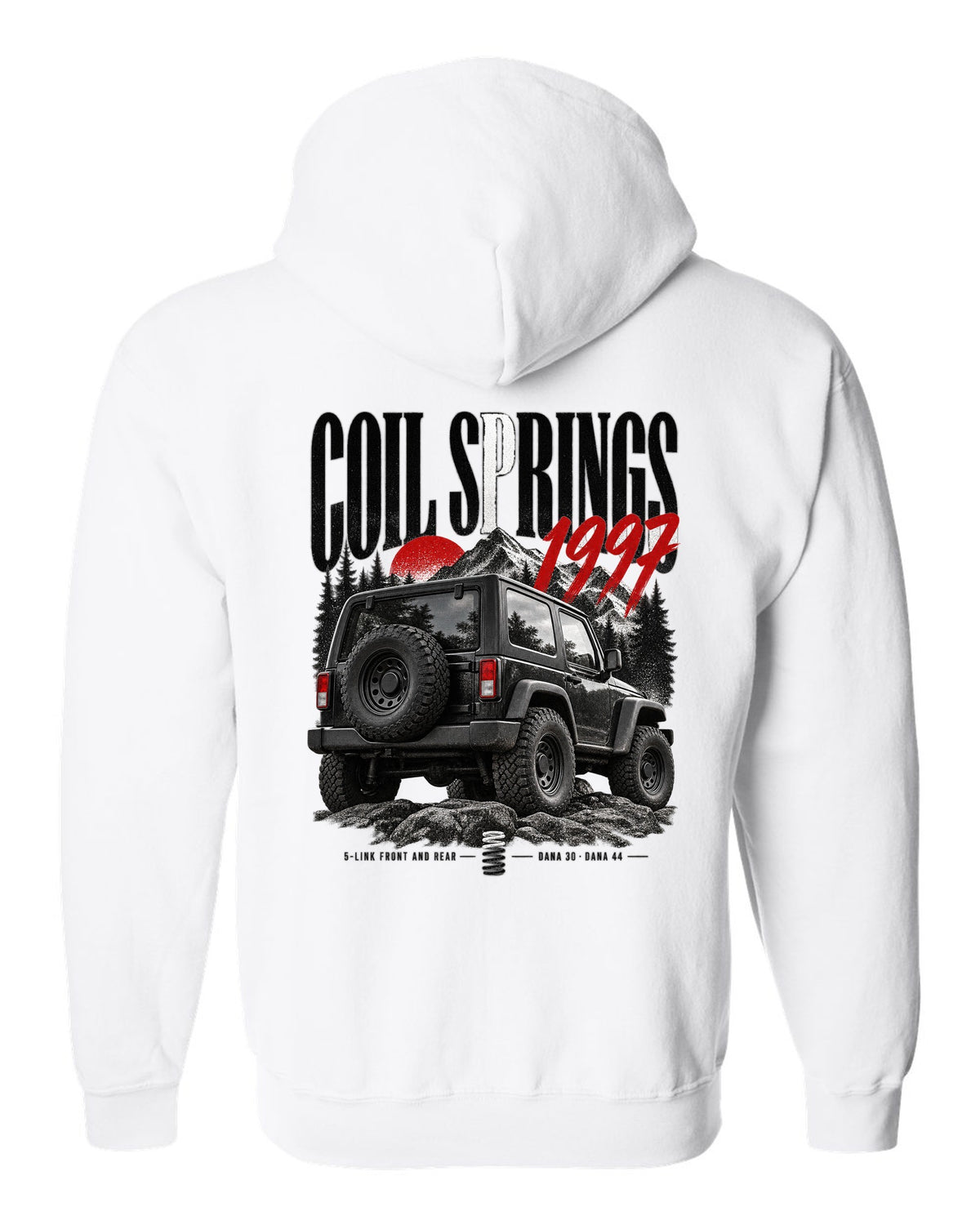Editorial print for the Jeep Wrangler TJ, coil springs 5-link Dana 30 and Dana 44 white zip hoodie back view with the design