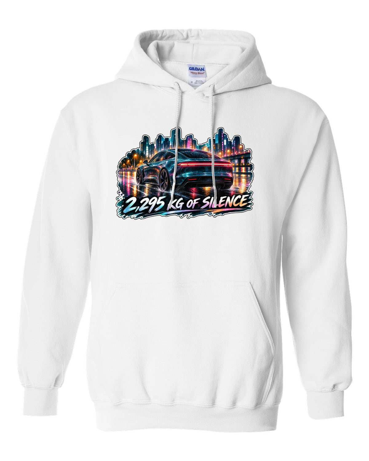 Porsche Taycan Turbo S 9J1 watercolor wet road night print with the text 2,295 kg of silence white pull over hoodie front view with the design