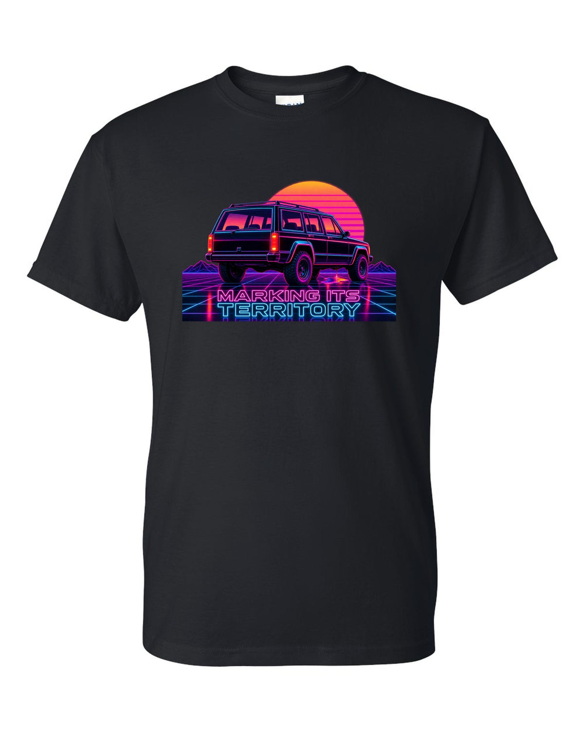 Neon synthwave print of a Jeep Cherokee XJ with the words Marking Its Territory black t-shirt front view with the design