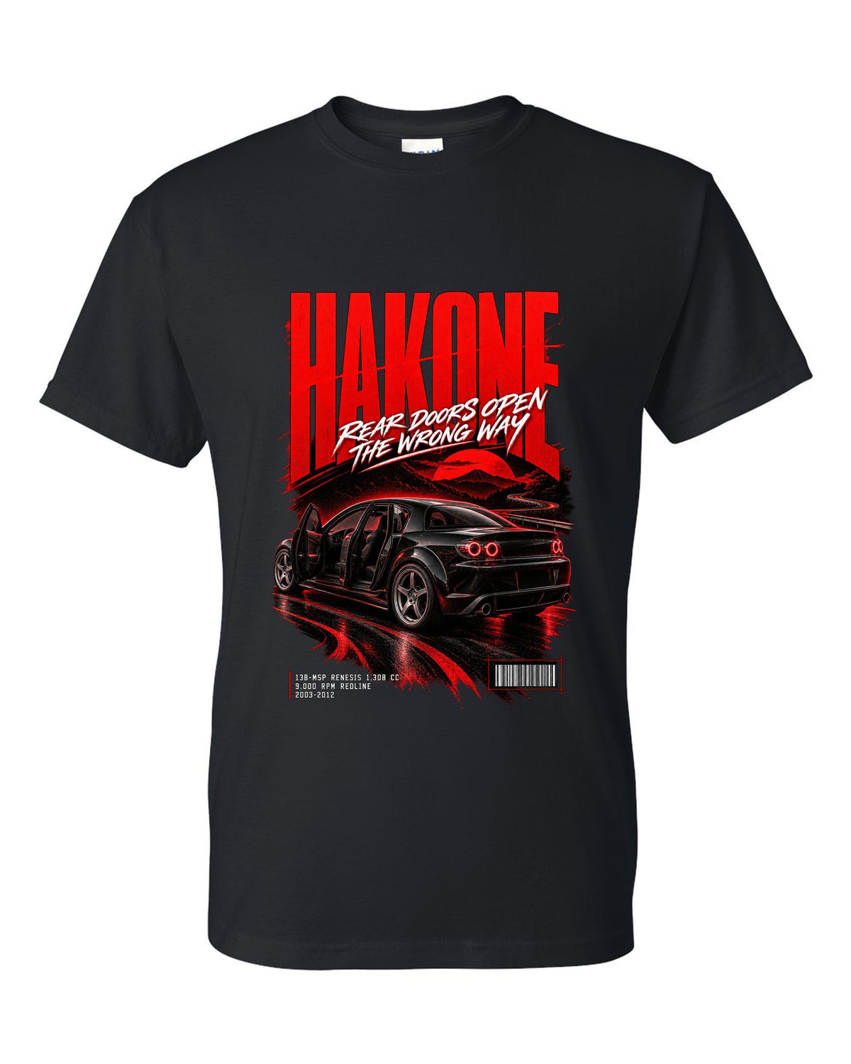 Street poster print for the 2004 Mazda RX-8 SE3P with Hakone lettering and Renesis rotary details black t-shirt front view with the design