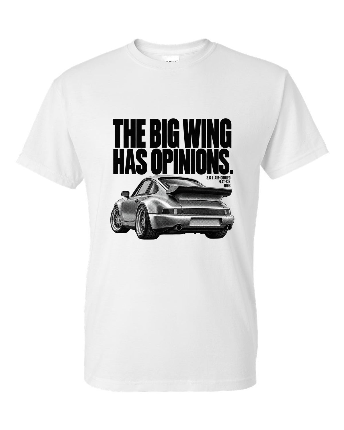 Halftone print of a Porsche 911 Turbo 3.6 964 with whale tail wing white t-shirt front view with the design