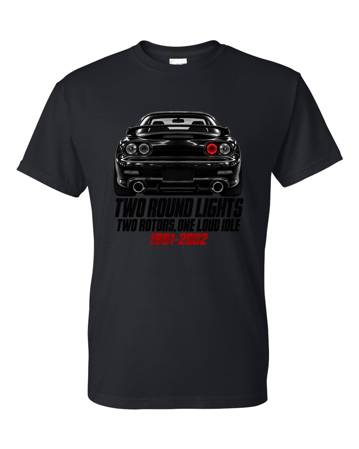 Taillight detail print of a Mazda RX-7 FD3S with two round lamps black t-shirt front view with the design
