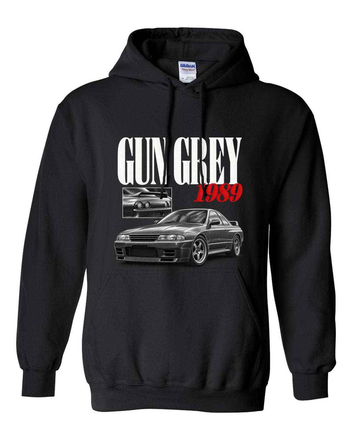Editorial headline print of a Nissan Skyline GT-R R32 BNR32 in Gun Grey with 1989 text black pull over hoodie front view with the design