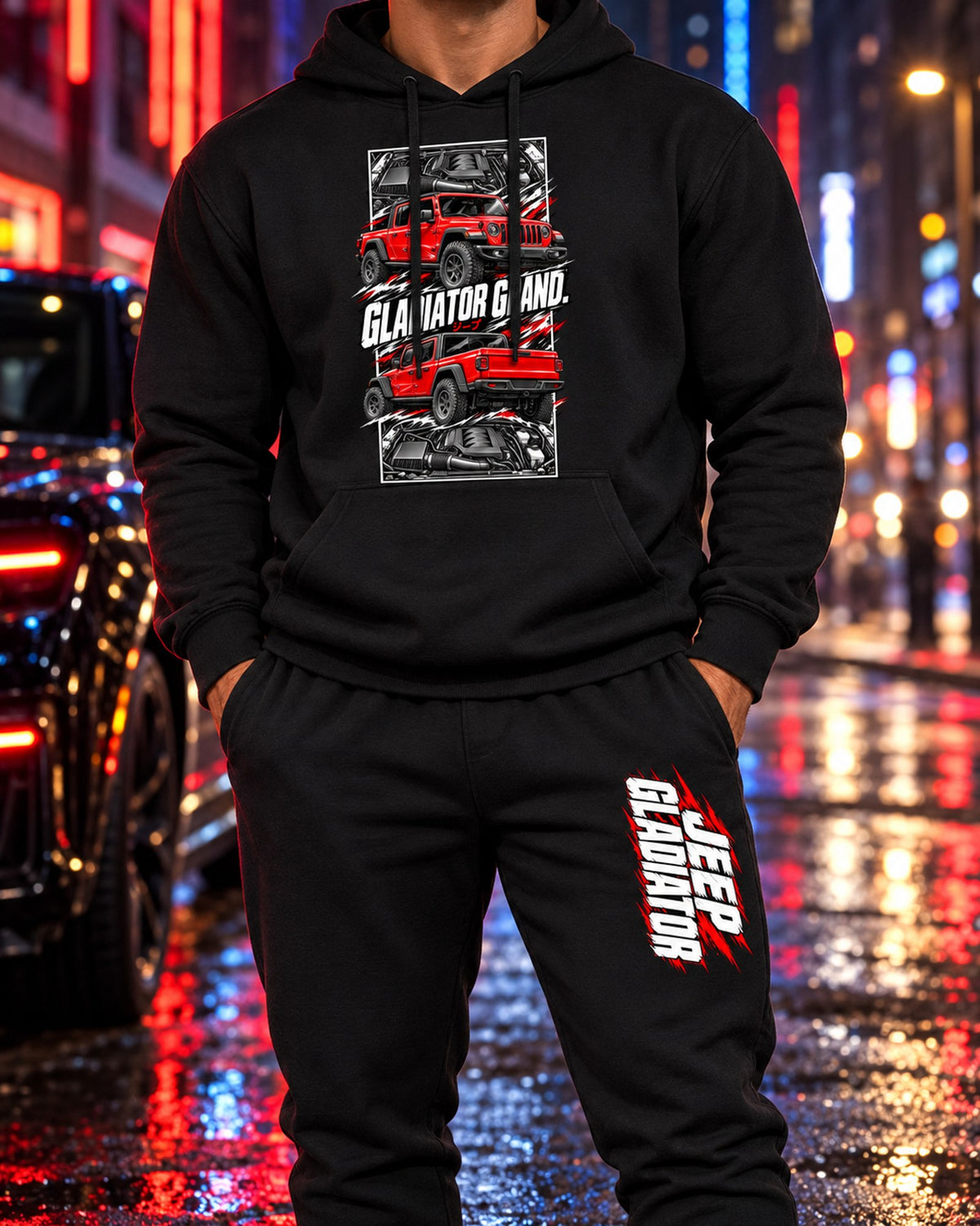 Jeep Gladiator Torn Poster Hoodie + Jogger Set Black worn hero
