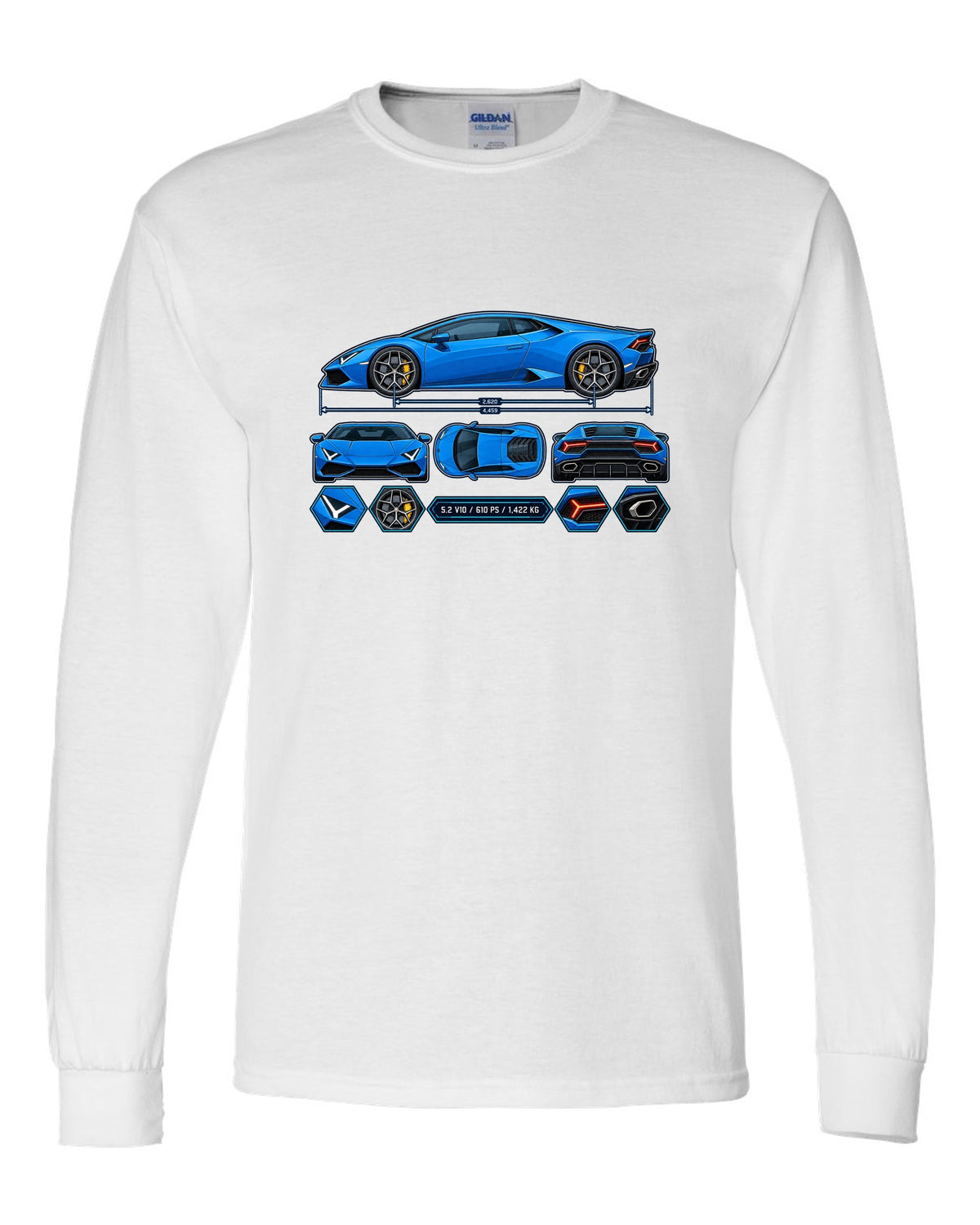 Colour technical blueprint of a Lamborghini Huracan LP610-4 with text 5.2 V10 / 610 PS / 1,422 KG white long sleeve front view with the design