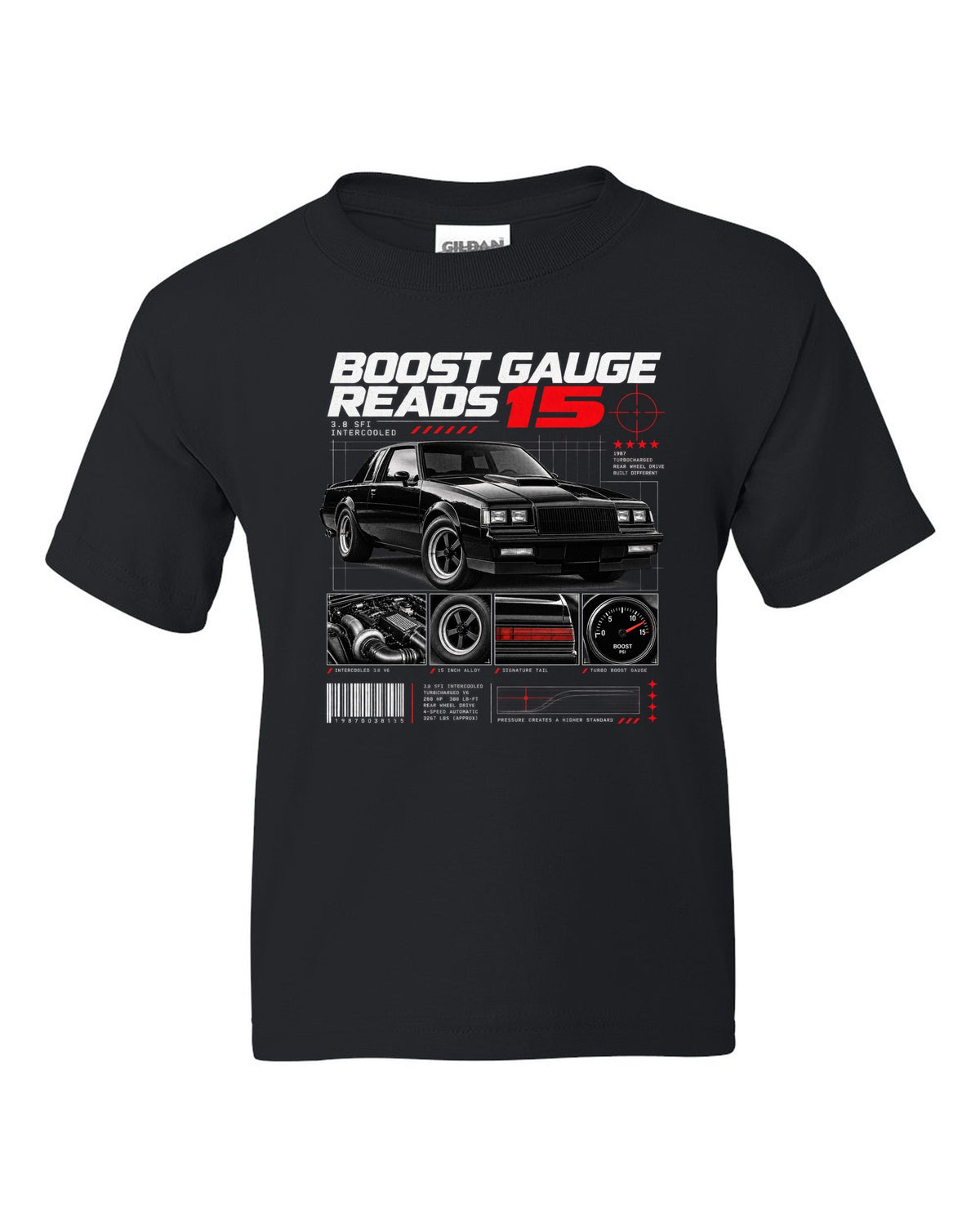 Dossier-panel print of a 1987 Buick Regal Grand National with 3.8 SFI and boost gauge notes black kids tee front view with the design