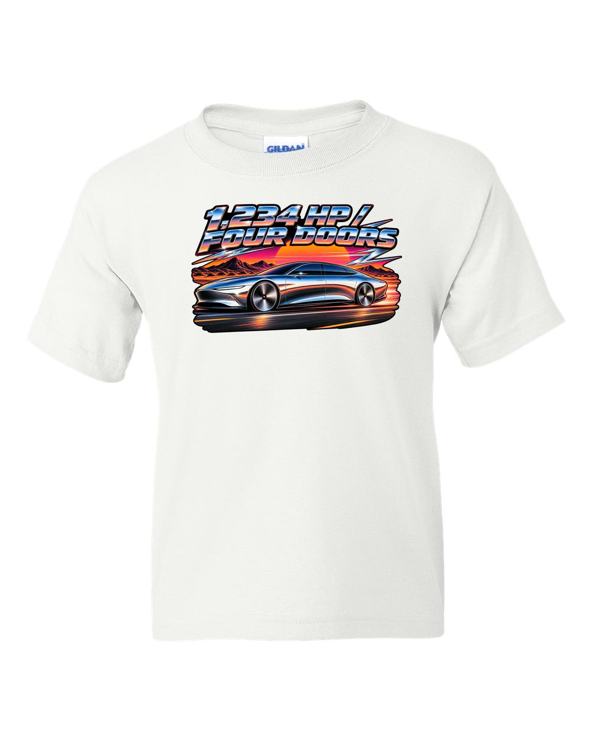 Lucid Air Sapphire 80s airbrush chrome poster print with the text 1,234 hp four doors white kids tee front view with the design