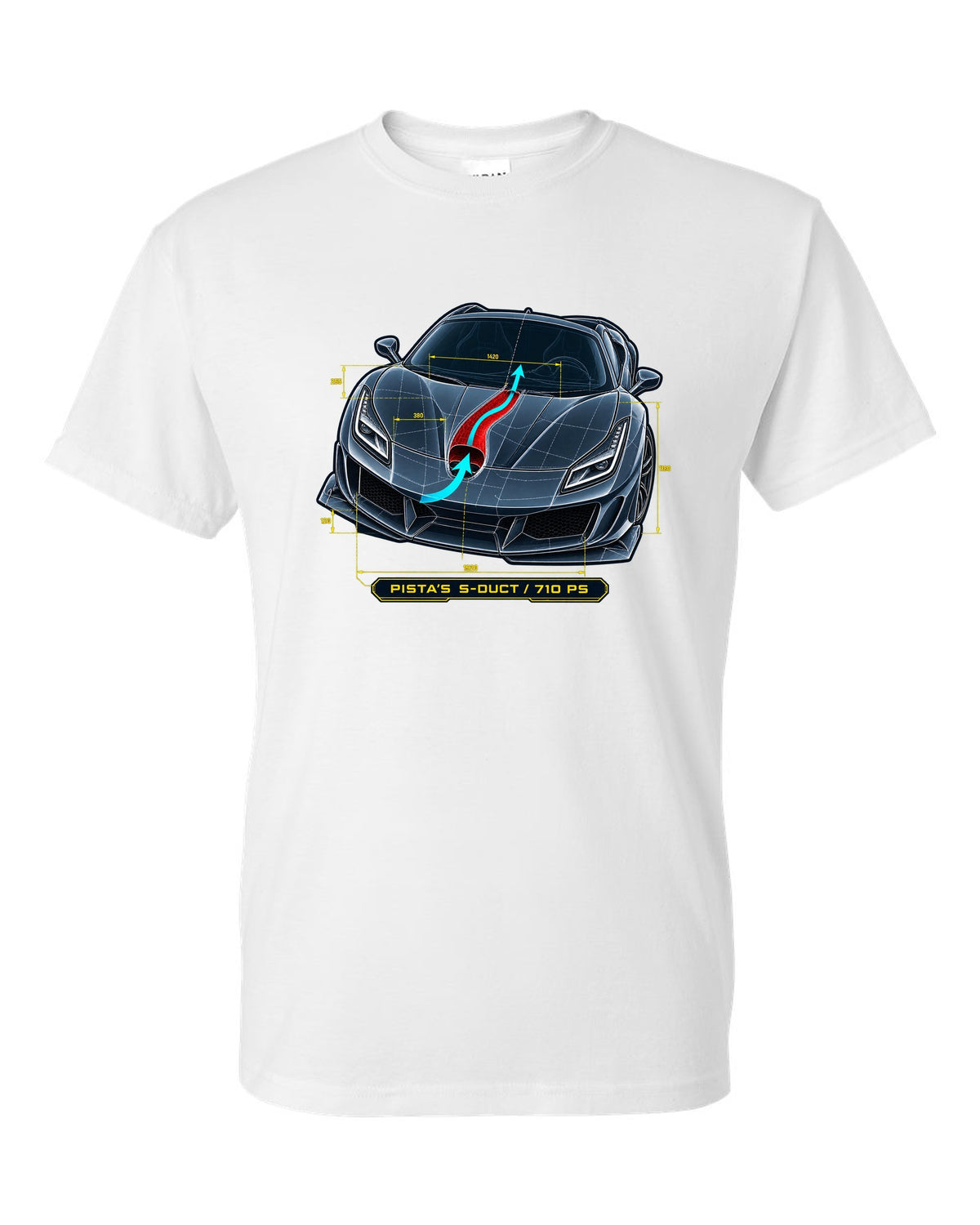 Blueprint line art of the Ferrari F8 Tributo S-duct with Pista reference white t-shirt front view with the design