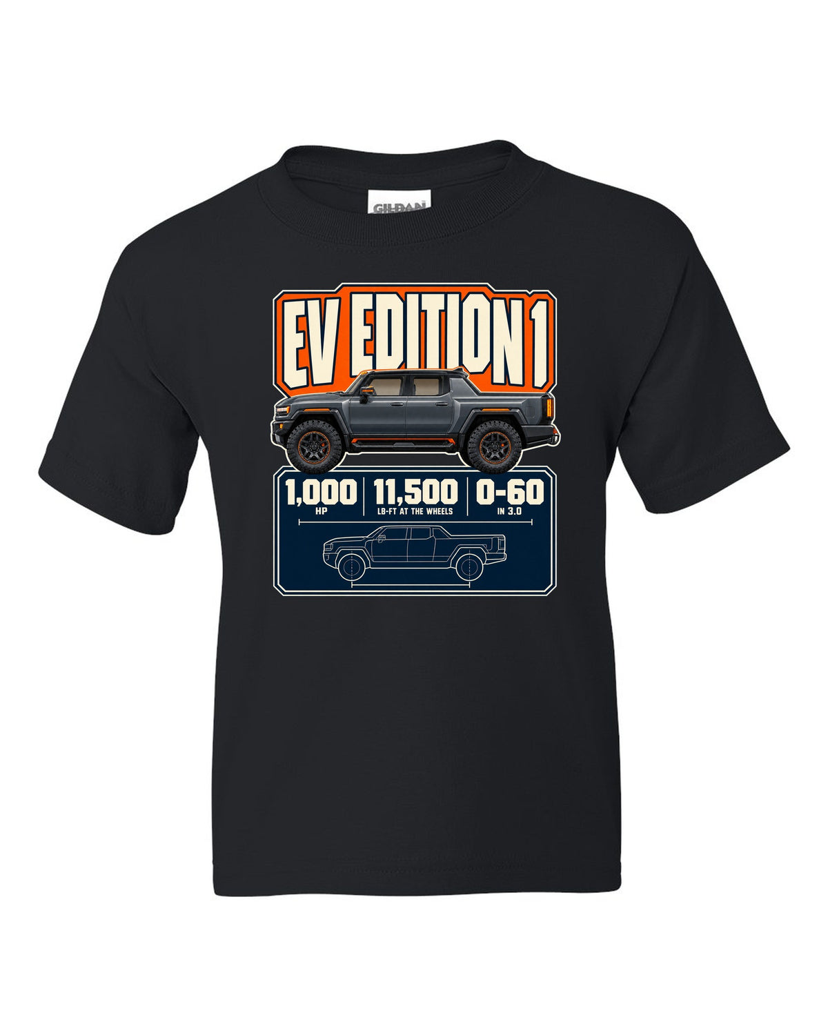 Spec poster print of the Hummer EV Edition 1 with horsepower and torque figures black kids tee front view with the design