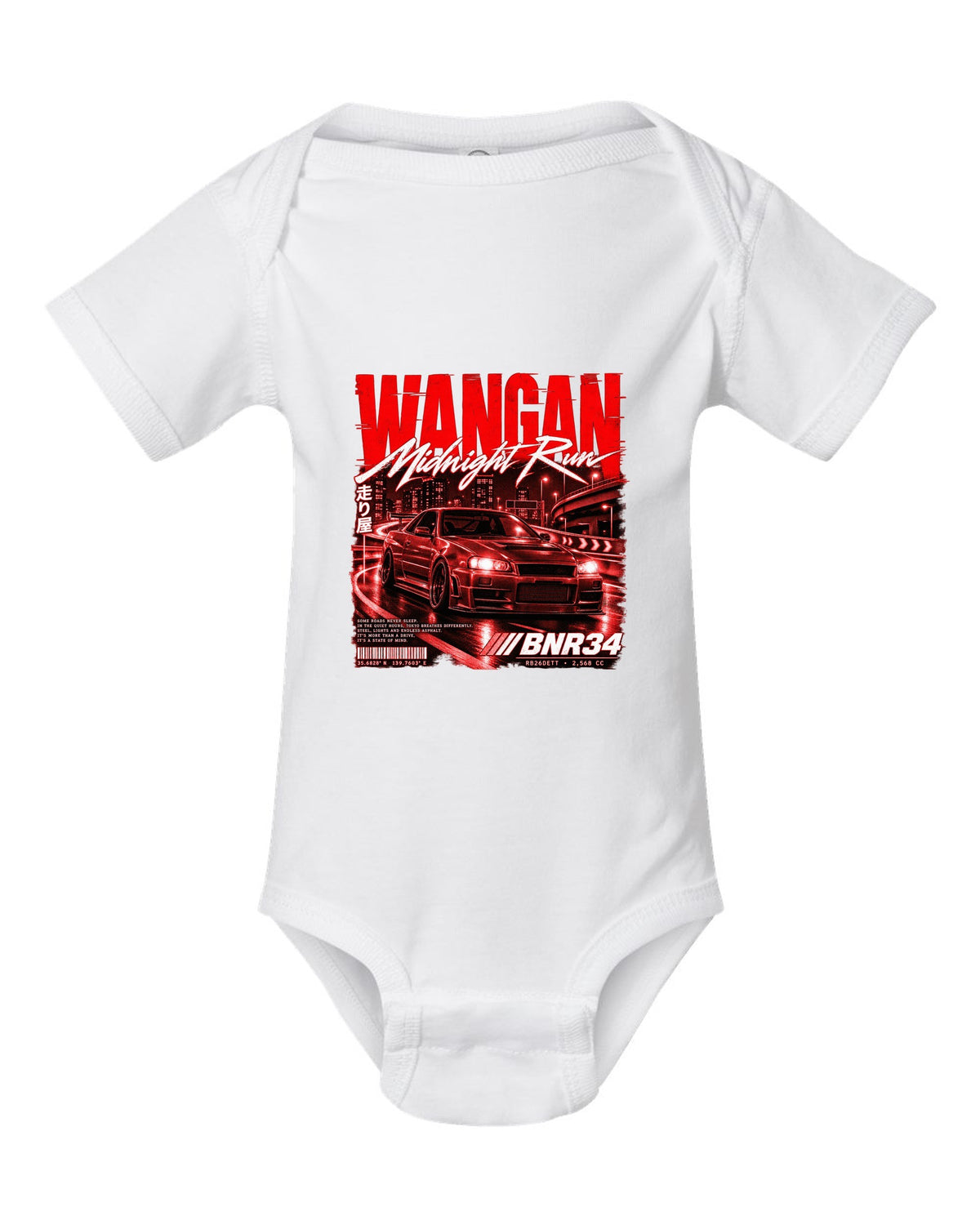 Street poster print of a Nissan Skyline GT-R R34 BNR34 with Wangan Midnight Run text white baby onesie front view with the design