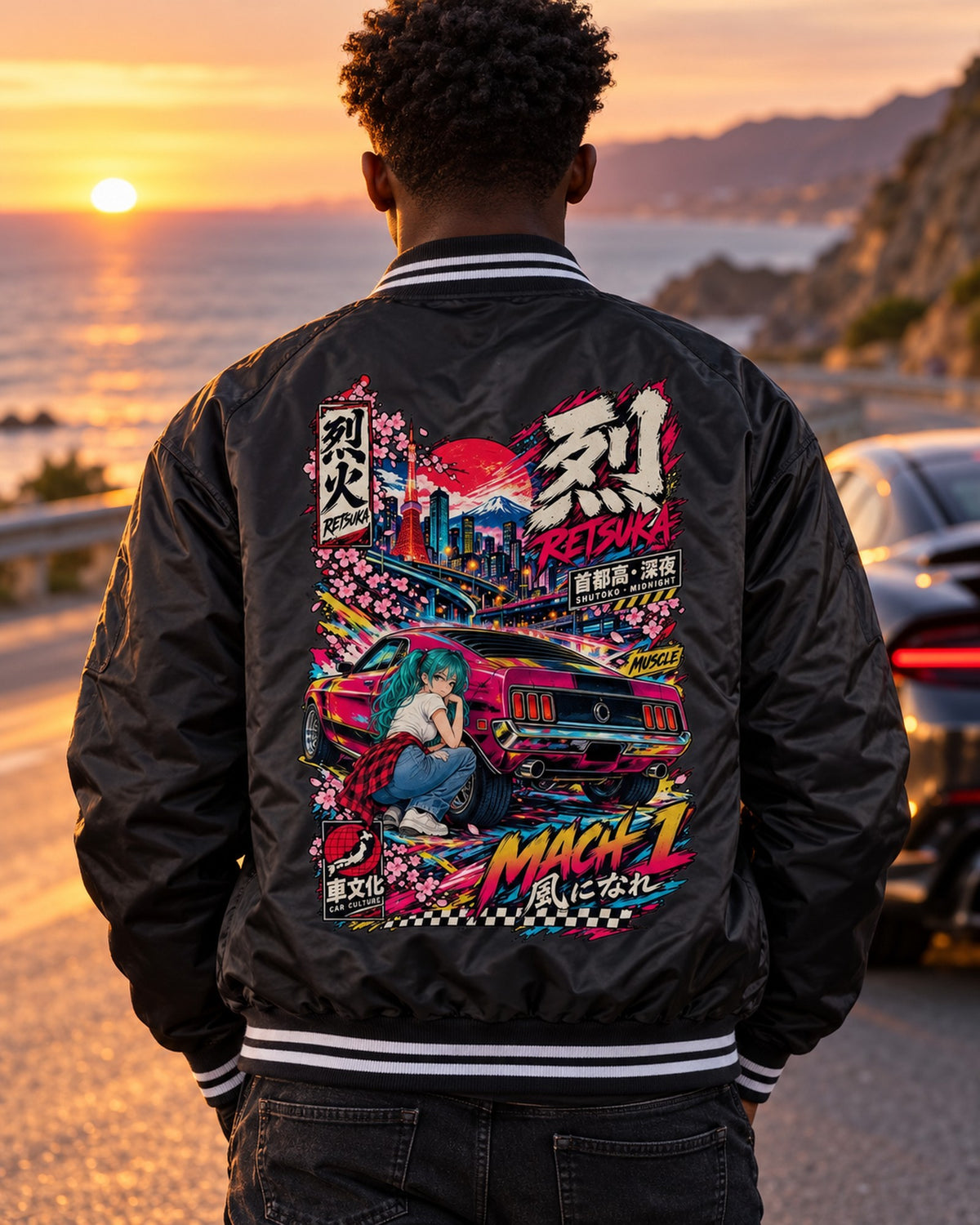 RETSUKA MACH 1 Anime Girl Full-Back Graphic Tee Bomber Jacket Black worn hero