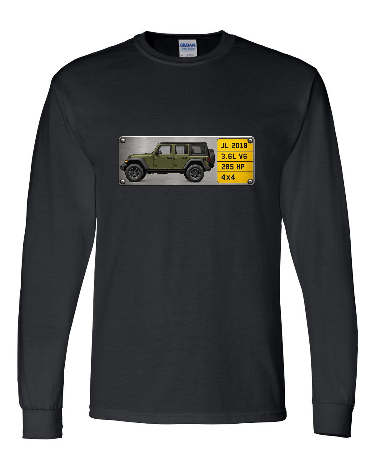 Jeep Wrangler JL Unlimited 3.6L V6 285 HP Spec Plate Tee black long sleeve front view with the design