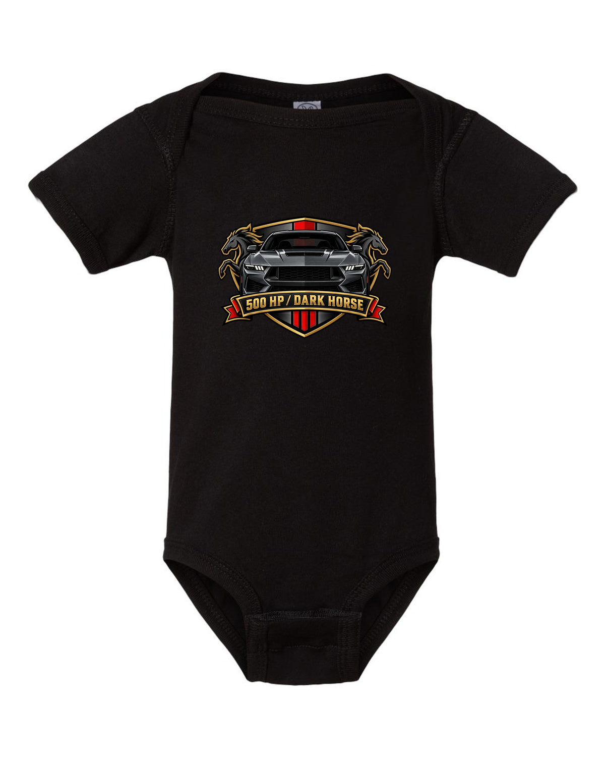 Varsity embroidery-style crest of a 2024 S650 Mustang Dark Horse reading 500 HP black baby onesie front view with the design