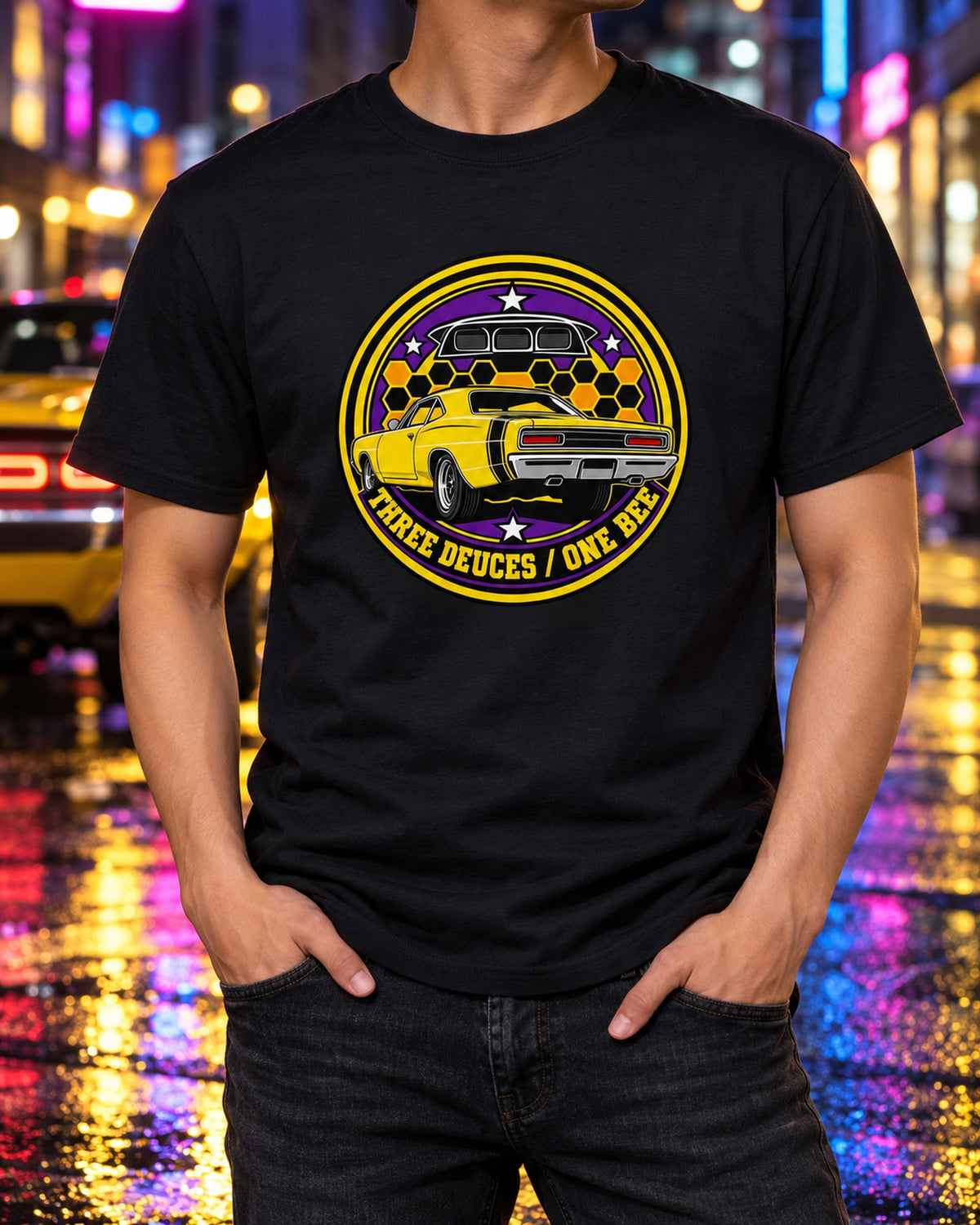 Dodge Coronet Super Bee Round Crest Shirt, Three Deuces T-Shirt Black worn hero