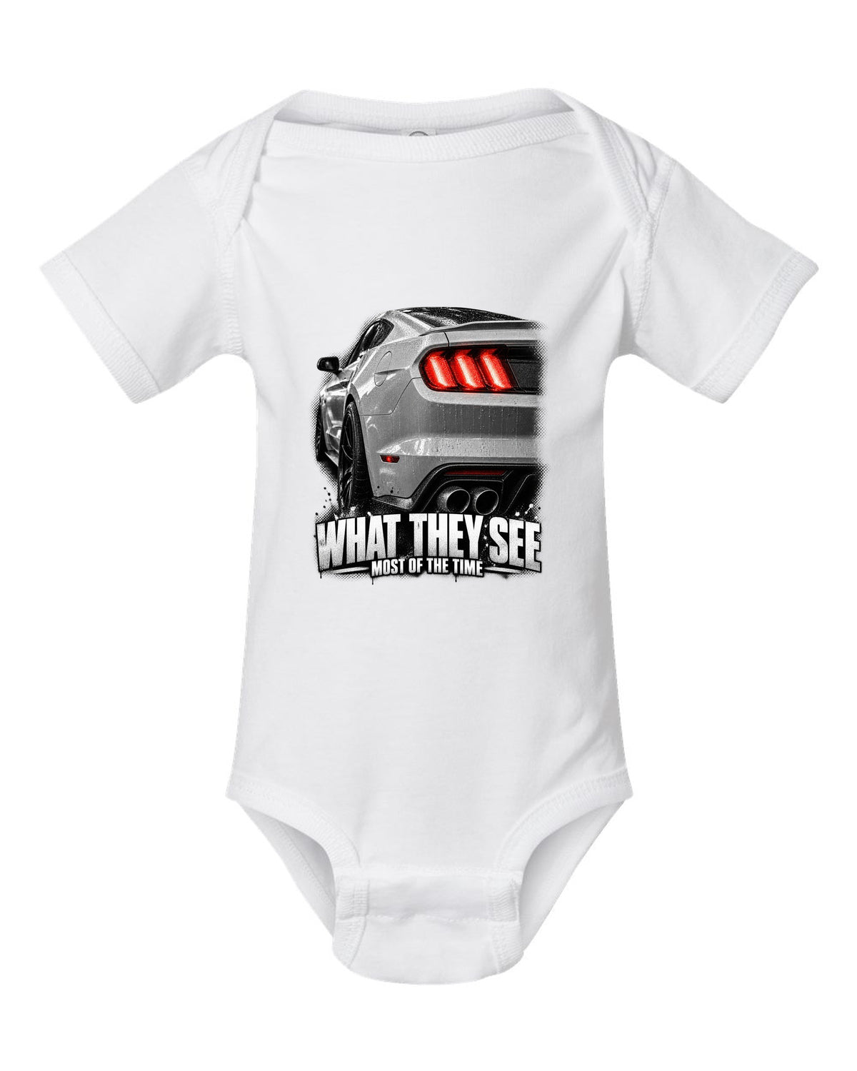 Macro print of a 2015-17 Ford Mustang S550 GT taillight white baby onesie front view with the design