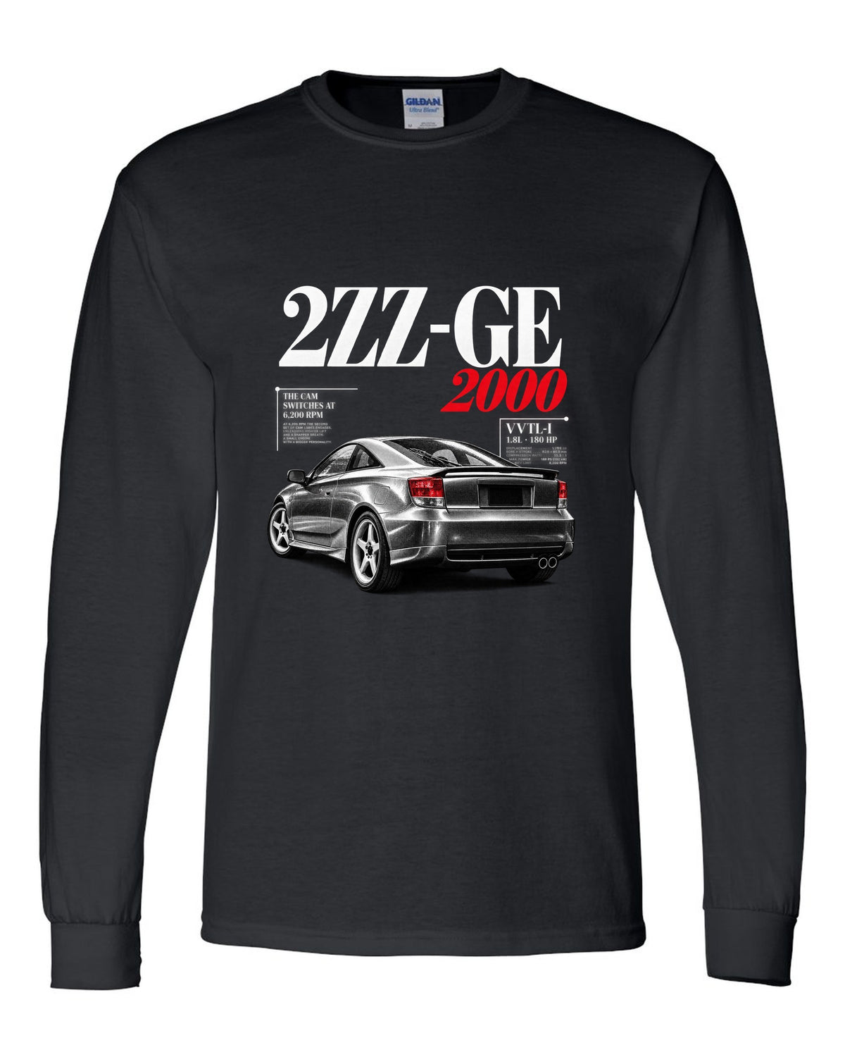 Editorial headline print of a Toyota Celica ZZT231 with 2ZZ-GE cam switches at 6,200 rpm black long sleeve front view with the design