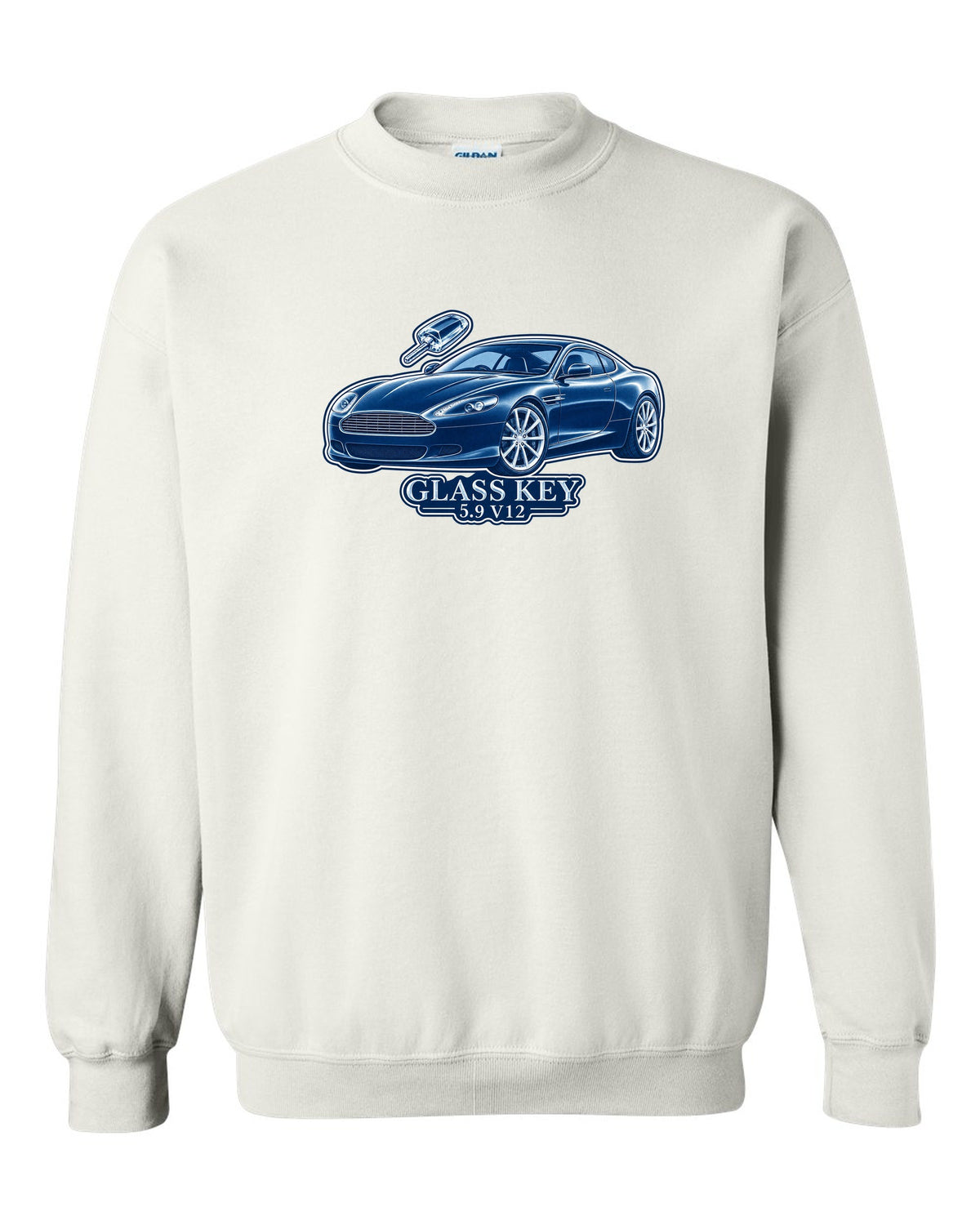 Cel-shaded anime night street print of a 2005 Aston Martin V8 Vantage in rain with glass key lettering white crewneck front view with the design