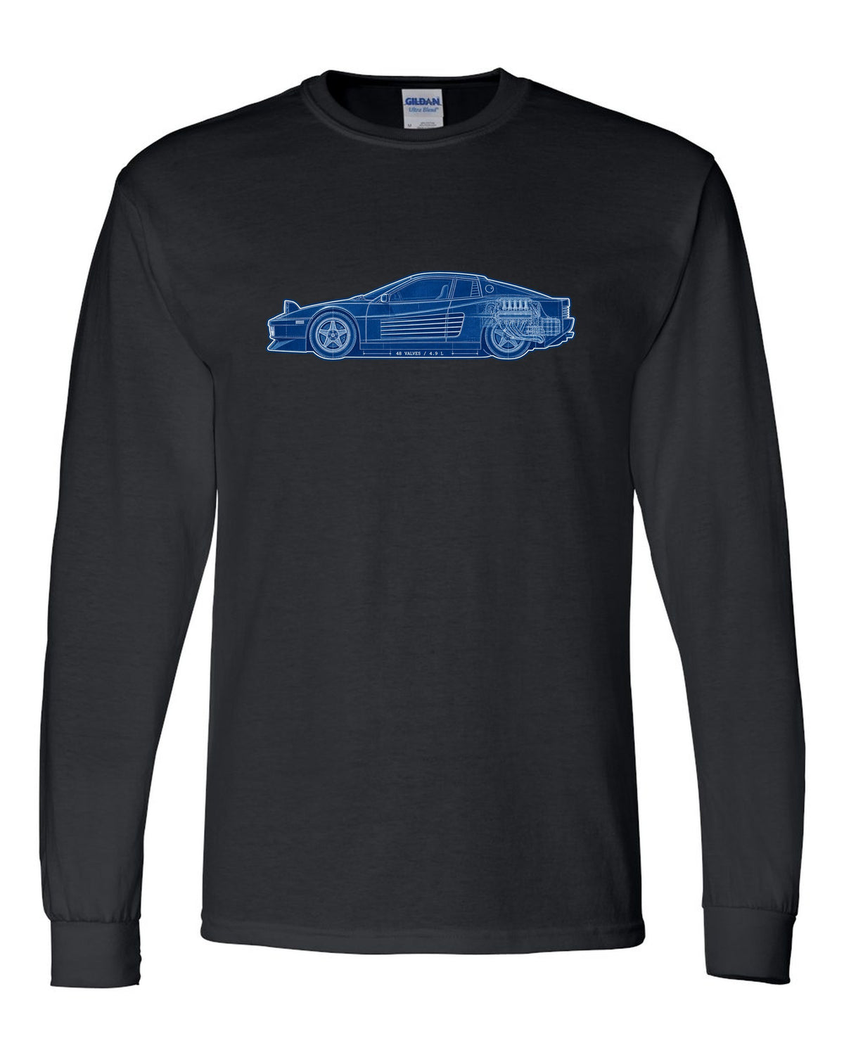 Cyanotype blueprint style print of the Ferrari Testarossa F110 with the text 48 valves, 4.9 L black long sleeve front view with the design